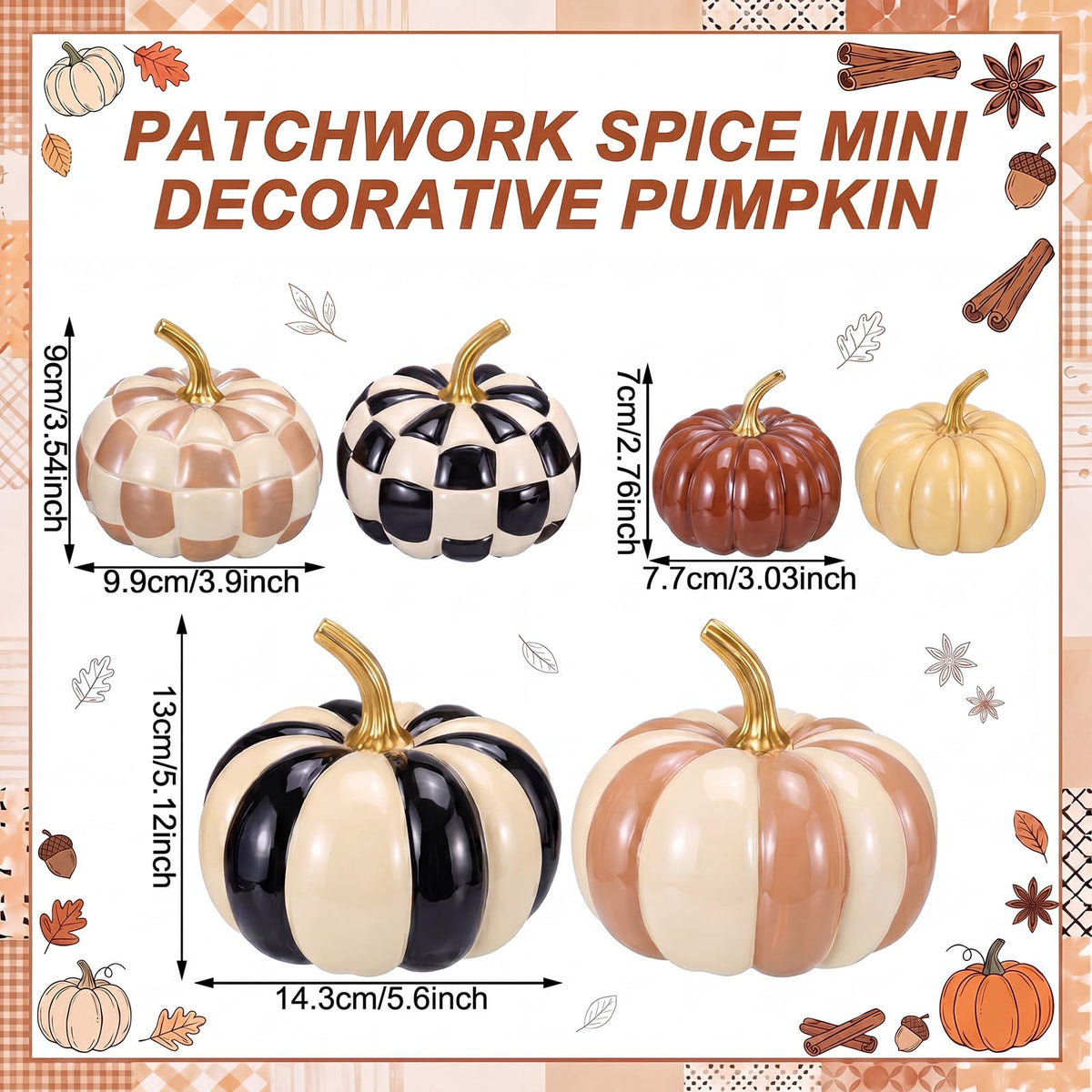 Pinkunn 6 Pcs Halloween Black and White Pumpkins Fall Decor White and Brown Yellow Checkered Striped Resin Pumpkin Decoration for Thanksgiving Autumn Farmhouse Porch Decorations Table Centerpieces