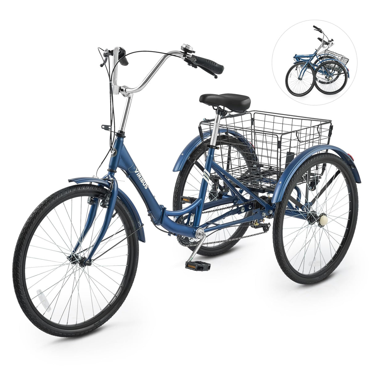 VIRIBUS Folding Tricycle for Adults, 7 Speed Foldable Adult Tricycle with Removable Wheeled Basket, Folding 3 Wheel Bikes for Adults Men Male Seniors 26 inch, Collapsible Trike 330 LB. Blue