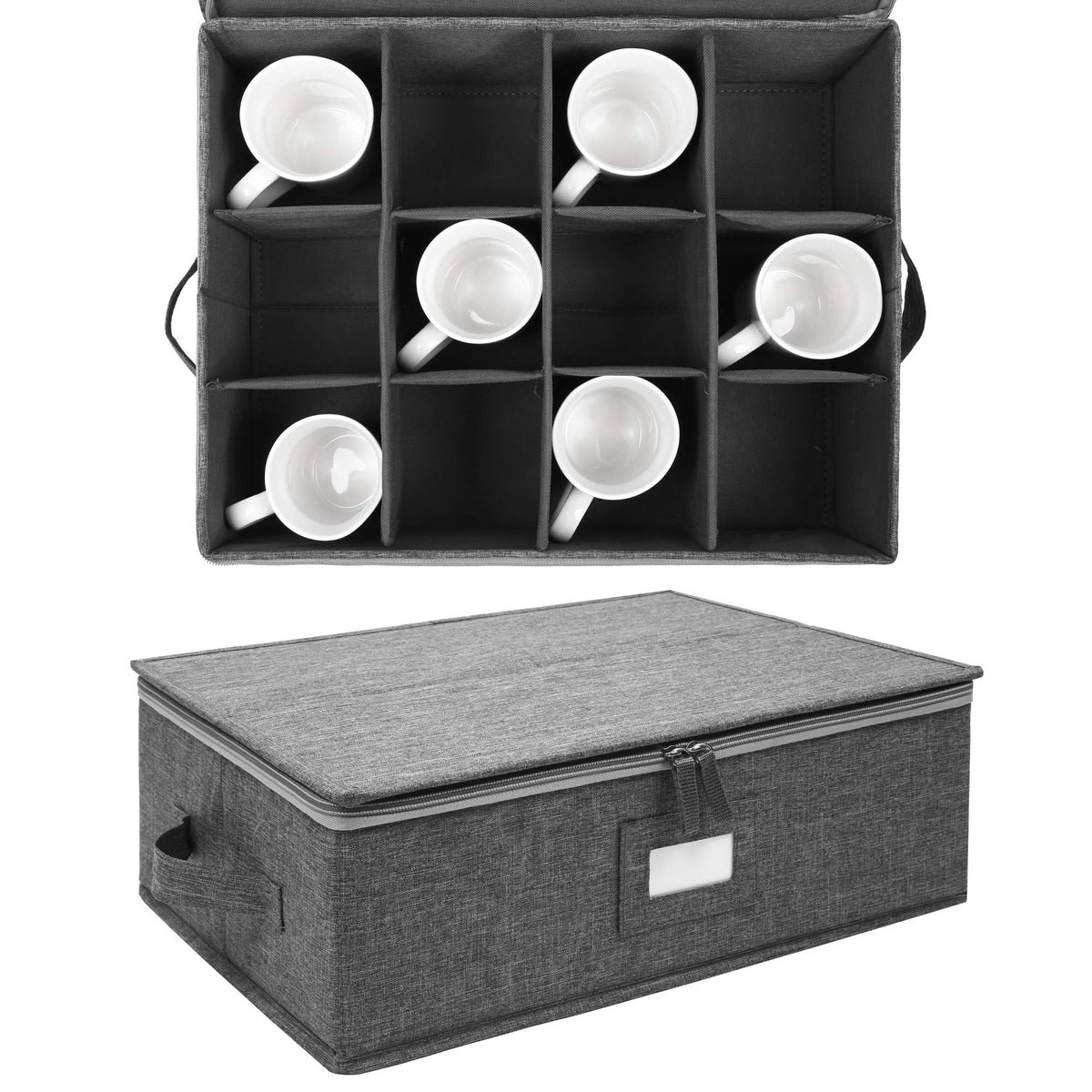 popoly Mug Storage Box with dividers, China Coffee Cup Storage Containers with Zipper Lid and Rivet Reinforced Handles, Holds 12 Coffee Mugs and Tea Cups, Structured Top and Stackable (Grey)