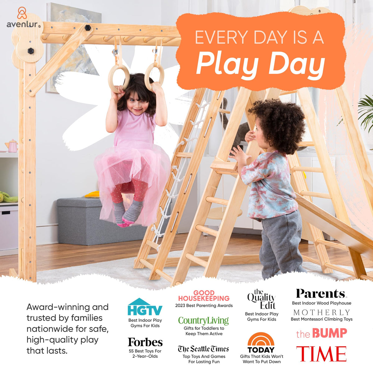 Avenlur 8-in-1 Indoor Play Gym – Toddler Jungle Gym for Kids Ages 2–6 – Indoor Playground Wooden Climbing Playset with Slide, Monkey Bars, Ladder, Rope Ladder, Rock Climbing, Swing, Rings, Disc Swing