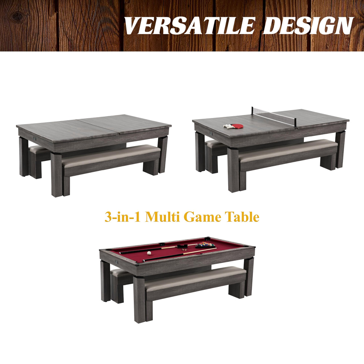 Barrington Billiards Prescott 7' Pool Table, 3-in-1 Dining Top & Table Tennis with Game Accessories & Rolling Storage Caddy