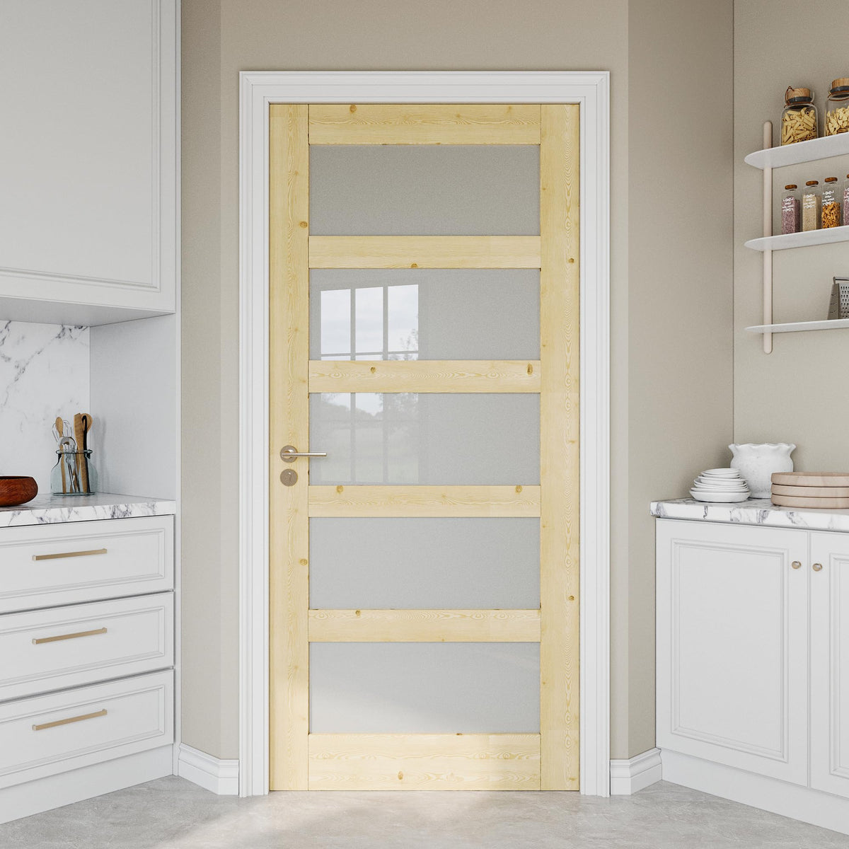 36" x 80" Pine Wood Slab Door, 5-Panel Frosted Glass Interior Doors, Single Room Door for Closet & Bedroom, Farmhouse Style as Prehung, Pocket, Bifold, Barn Doors, Easy DIY Stain, Shaker w/o Hardware