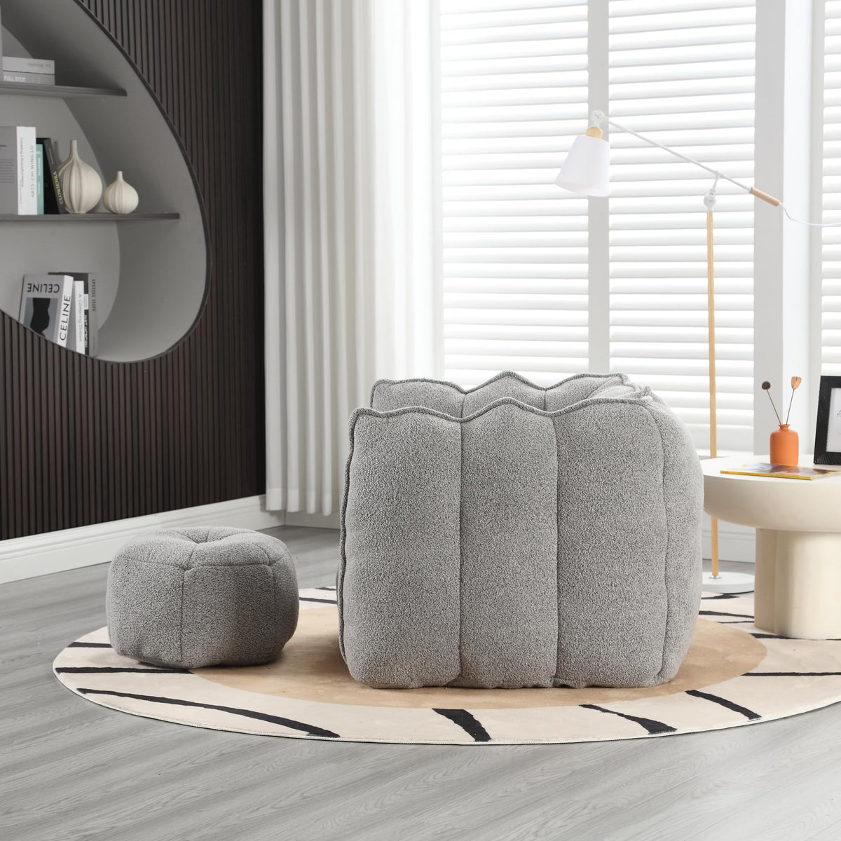 Plush Grey Chenille Bean Bag Chair for Adults | Large Comfy Lounger with Footstool | Ideal for Living Room, Bedroom, Gaming, Reading | 41"x32"x25"