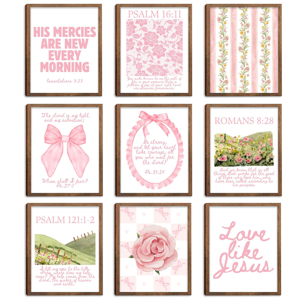 Christian Wall Art Pink Bible Verse Canvas Posters Coquette Bow Room Wall Decor Jesus Scripture Pictures Trendy Preppy Christian Floral Aesthetic Prints for Girls Bedroom 8x10xInch Set of 9 Unframed
