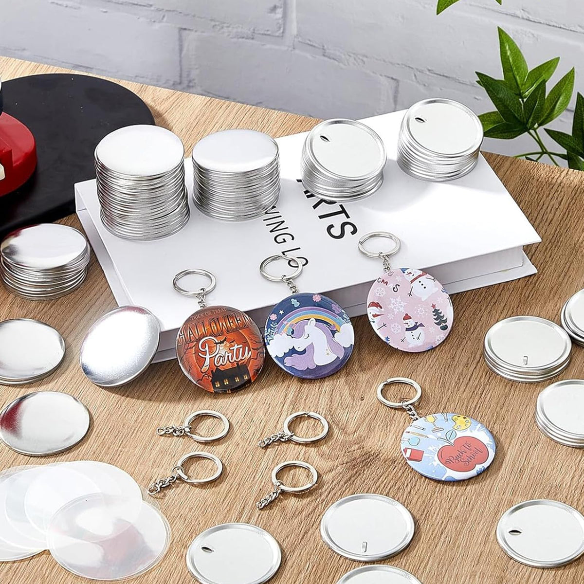 Button Maker Keychains Supplies, 200 Pcs 58mm Pin Maker Set, Metal Button Maker Supplies with Metal Shell Cover, Transparent Film & Chain Head