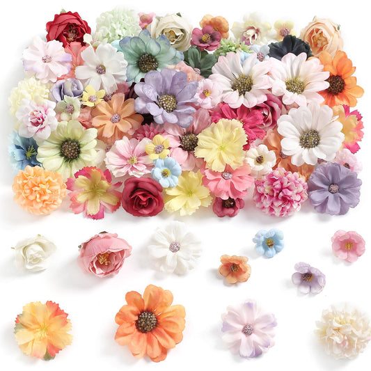 rongflower Faux Flower Heads Mini Multi Color Artificial Flower Heads Fake Peony Daisy Rose Flowers Multicolor Small Silk Daisy Flower Heads for Craft Garland Wedding Party DIY Home Decoration,2-4 cm