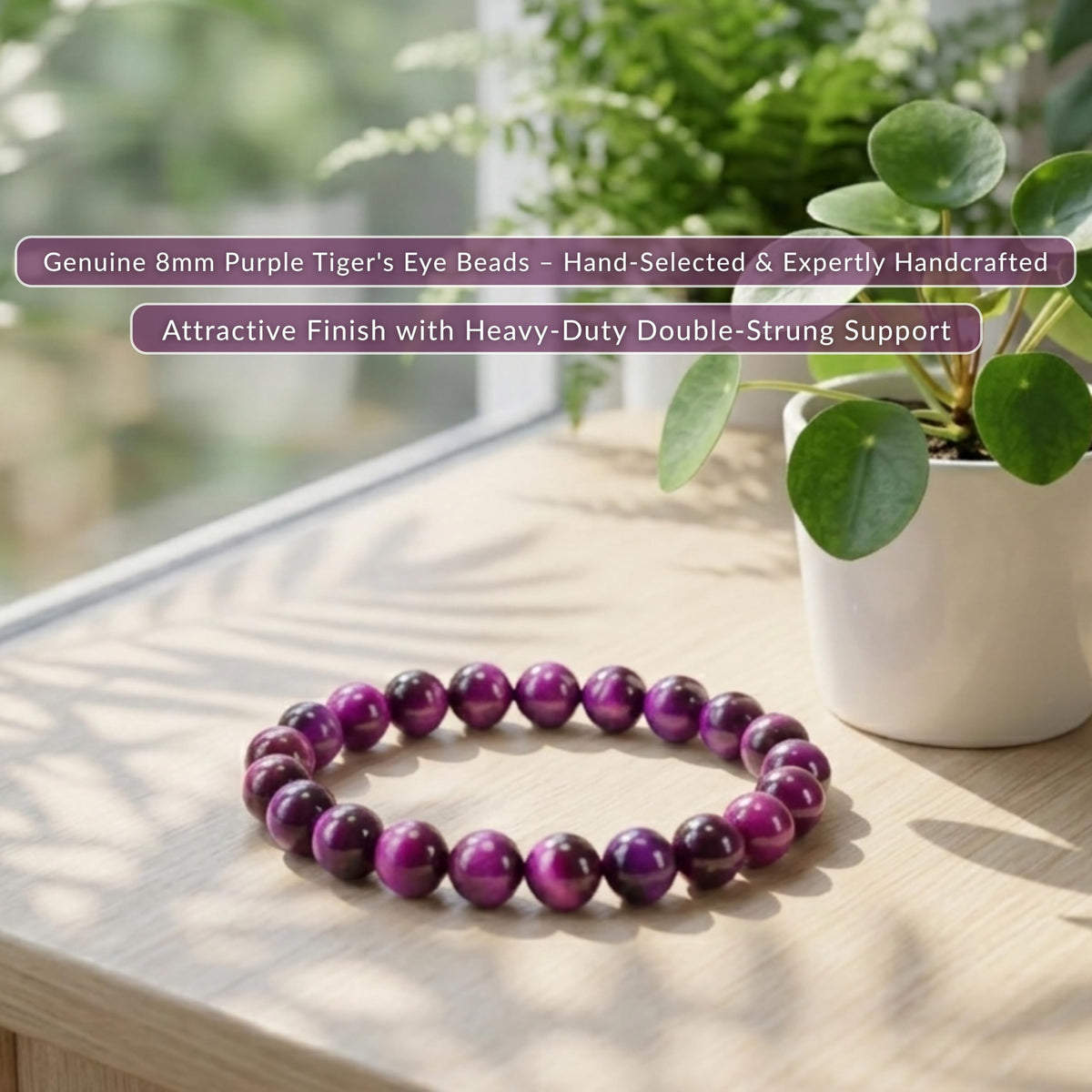 Cherry Tree Collection Purple Tiger's Eye Beaded Bracelet – Genuine 8mm Gemstone Stretch Bracelet for Men & Women – Handmade Crystal Bracelet - (Purple Tiger's Eye - S)