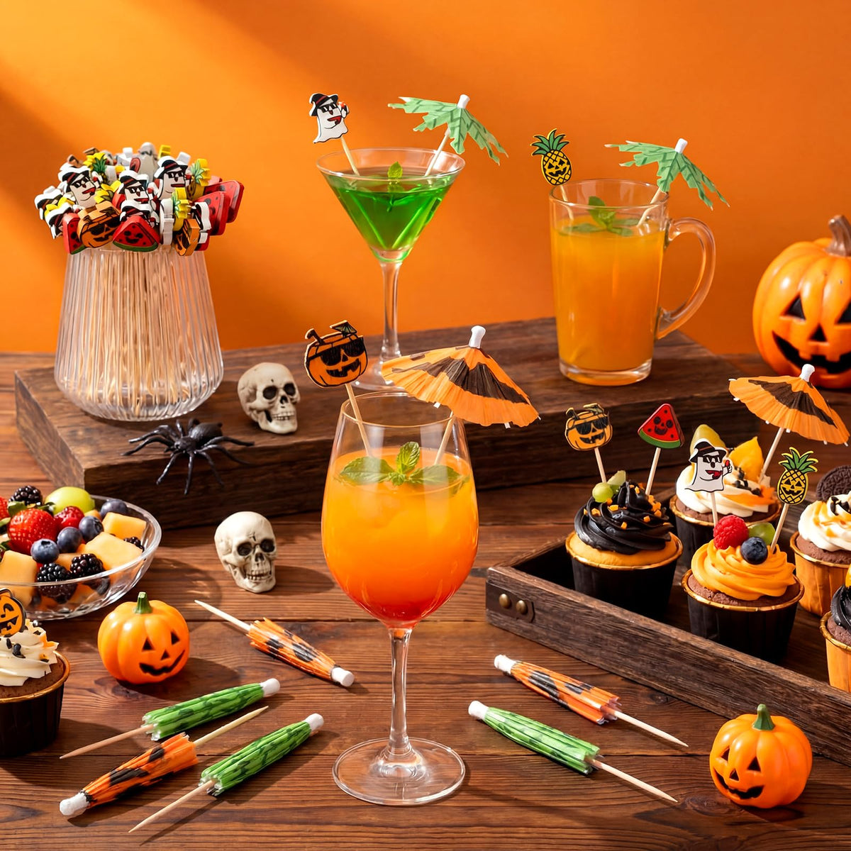 Remerry 160 Pcs Summer Halloween Cocktail Drink Accessories 60 Drink Umbrellas Straws Toothpicks 100 4.7 Inch Fruit Toothpicks Pumpkin Ghost Halloween Tropical Luau Hawaiian Beach Party Decorations