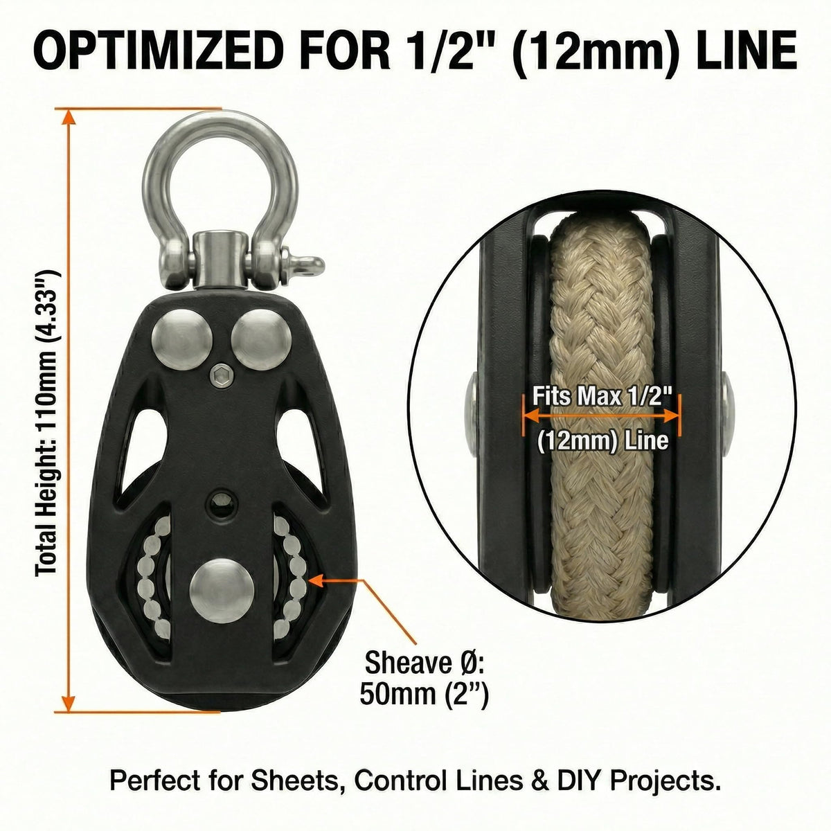 RiaYer 50mm Heavy-Duty Single Swivel Sailing Block with Ball Bearings, T316 Stainless Steel & PA66 Nylon Marine Pulley, 3100 lbs Breaking Load, High-Load Rigging Hardware (1-Pack)