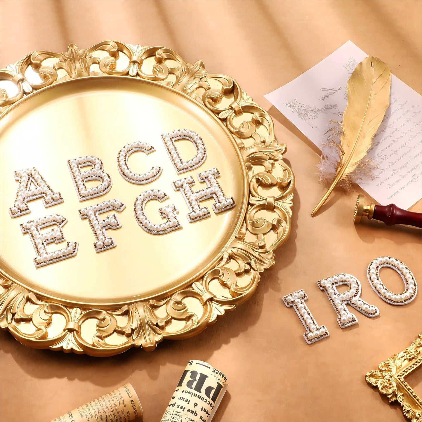 Waydress 26 Piece Rhinestone Iron on Patch A to Z Letter Appliques Adhesive White Pink Colorful Pearl Bling Patch Glitter Alphabet Embellishments for DIY Craft Supplies(Gold)