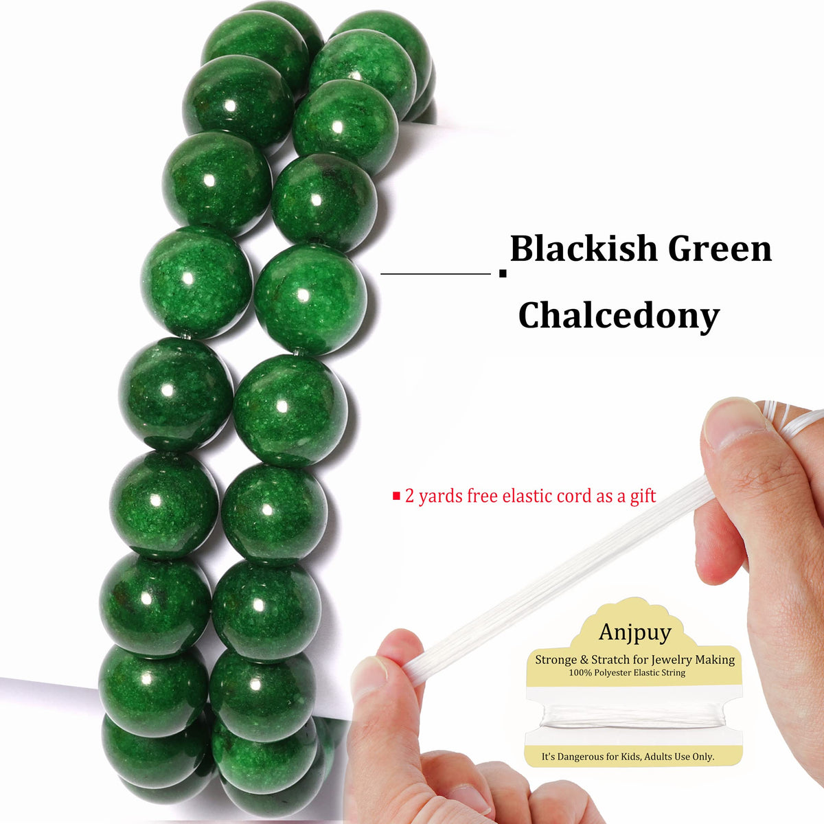 10mm Natural Blackish Green Chalcedony Round Bead - 35PCS Bulk Gemstone Beads for Jewelry Making, DIY Bracelets, Necklaces - Includes Crystal Stretch Cord - Stone Beads for Crafting Gifts