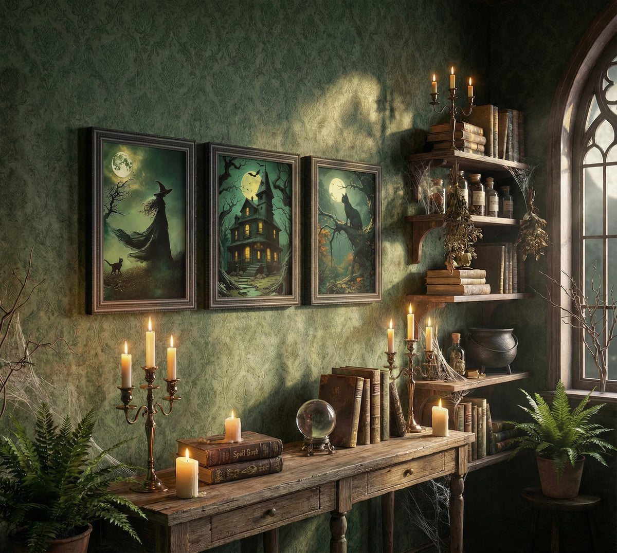 3pcs Halloween Canvas Wall Art Dark Academia Scary Witch Black Cat Castle Posters Prints Thriller Horror Green Gothic Wall Decor Pictures for Halloween Party House Decoration Unframed