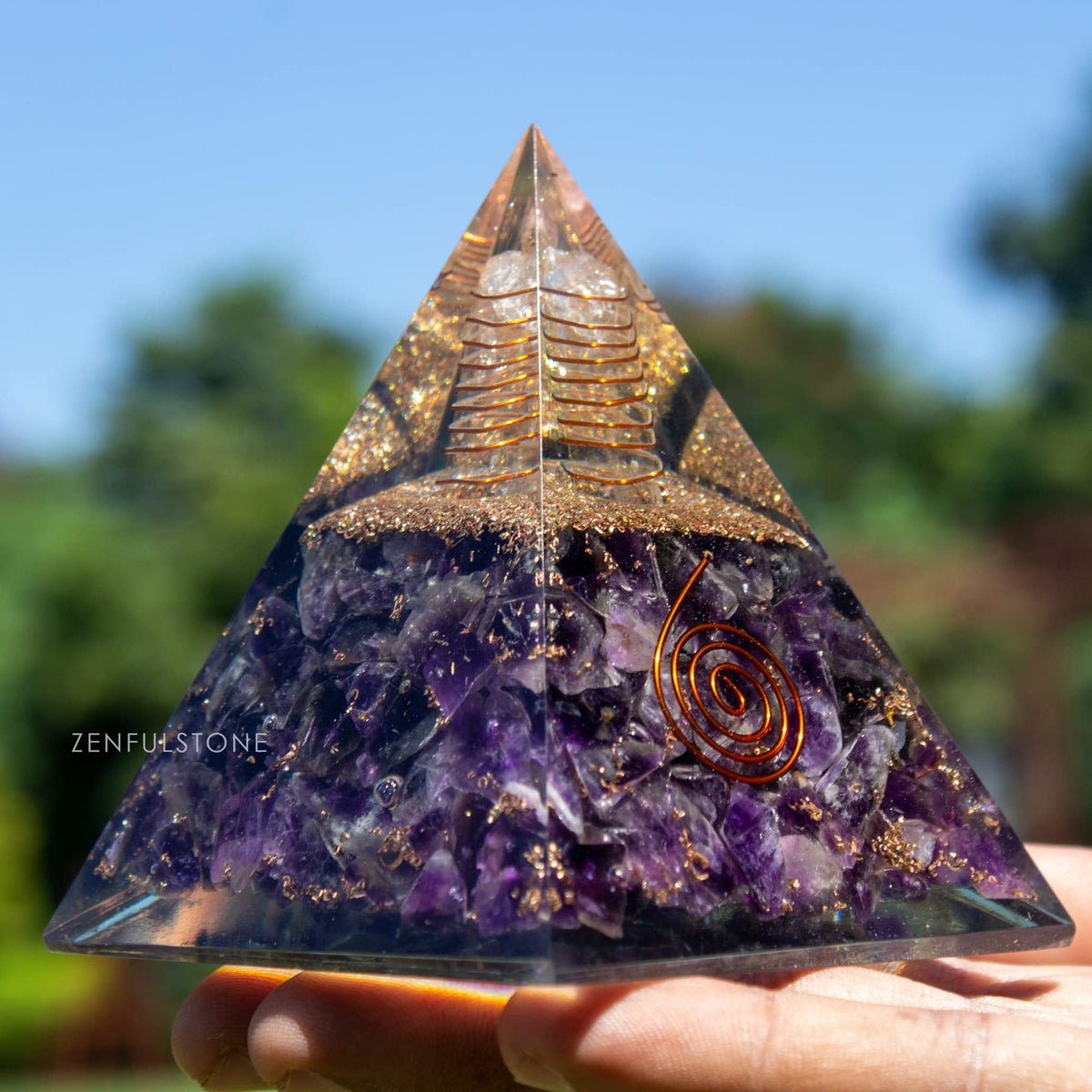 Amethyst Orgone Pyramid for Inner Peace & Calm | Orgonite pyramids with Copper Coil and Crystal Quartz for Chakra Protection