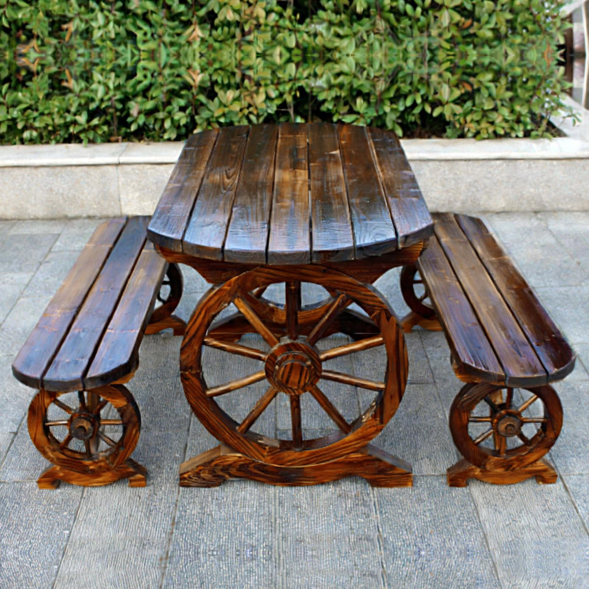 LLZJDDPLY Outdoor Picnic Table and Bench Set, Patio Dining Set Wooden Wagon Wheel, Outdoor Dining Table and Chair, for Garden Yard Porch(160cm/63in)