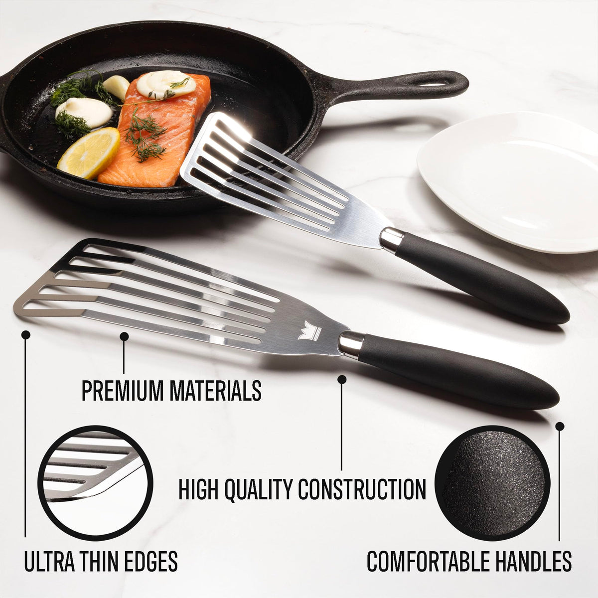 Professional Fish Spatula Stainless Steel Set - 1 Large + 1 Small stainless steel spatula - mirror polished spatulas with heat resistant ergonomic handles - fish turner for Flipping, Frying & Grilling