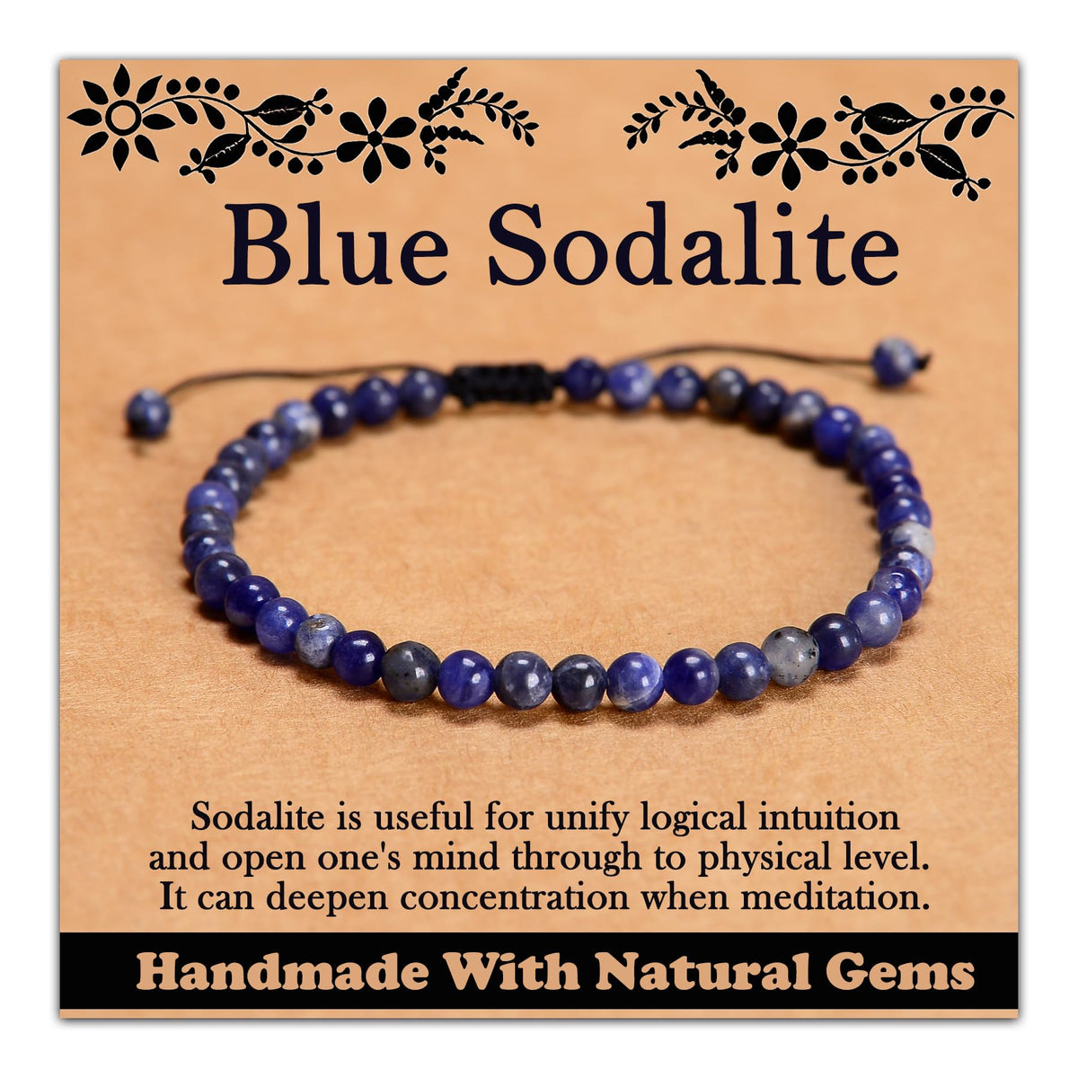 CHCCOYE 4mm Handmade Adjustable Natural Gemstone Crystal Bracelet Healing Power Energy Inspirational Gifts with Card for Unisex (Blue Sodalite)