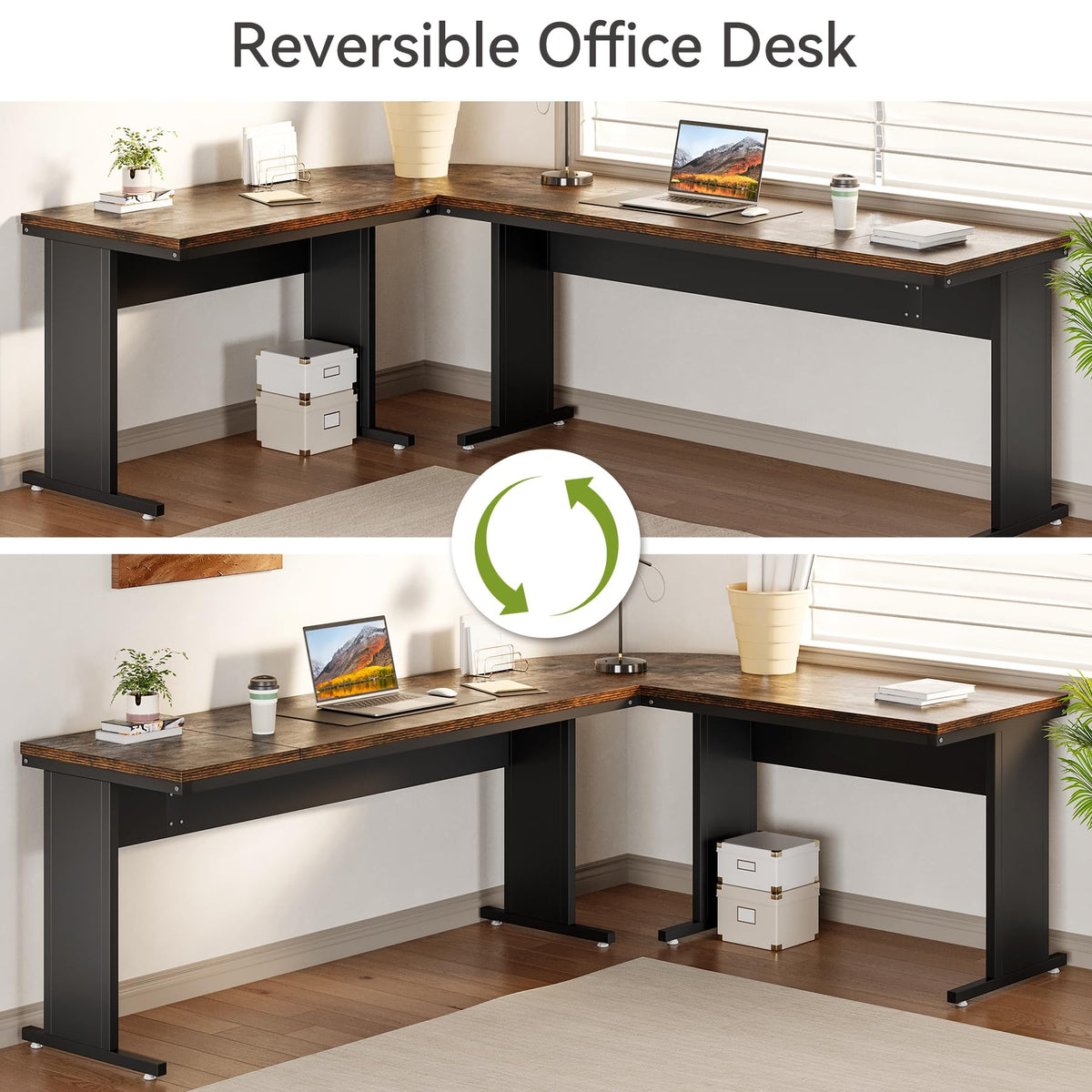 LITTLE TREE 83 Inch L-Shaped Office Desk with Drawers, Large Executive Office Desk with Storage, Wooden Computer Desk with File Cabinet, Modern Work Desk for Home Office, Brown