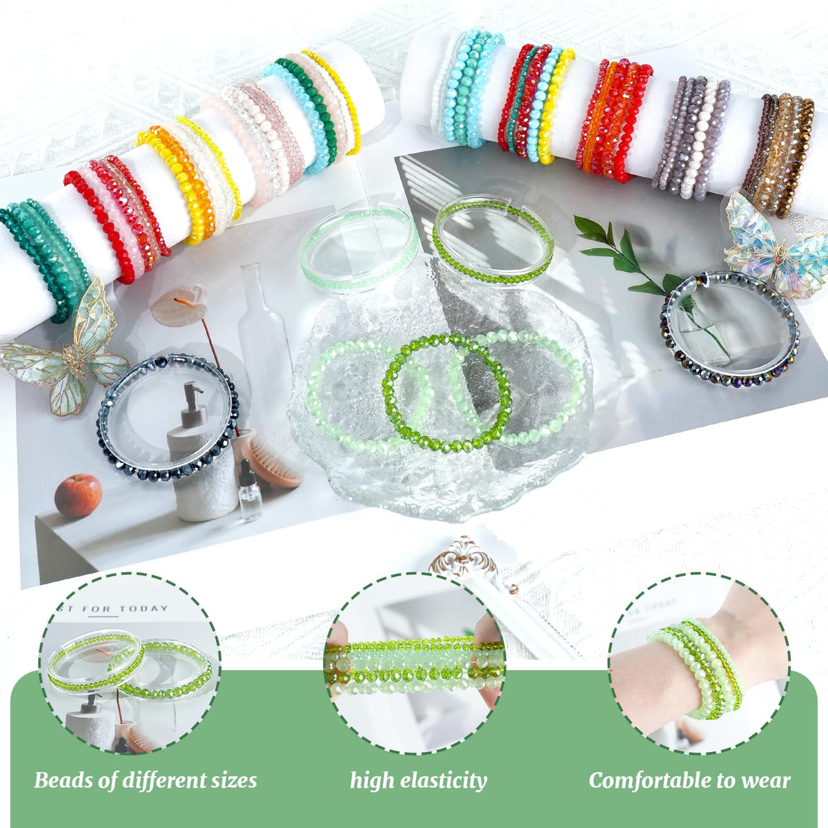 NCPLYGOU 60pcs Crystal Beaded Bracelet Bulk for Women Colorful Beaded Bracelet Boho Multi Layer Stacking Bracelets Stretchy Strand Shiny Crystal Bead Bracelets