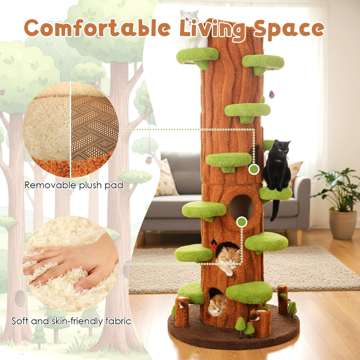 NUNU LAB Large Cat Tree for Indoor Cats – Multi-Level Solid Wood cat Tree Tower with Sisal Scratching Posts, Jumping Platforms, Plush Perches & Spring Toys for Multi-Cat Homes
