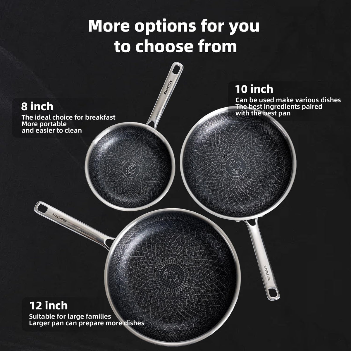 MAGICFEFE Non Stick Frying Pan 12 Inch with Lid, Hybrid Nonstick Stainless Steel Skillet Pan with Stay-cooling Handle, PFOA Free Non Toxic Dishwash & Oven Safe, Induction Ready, All Cooktops