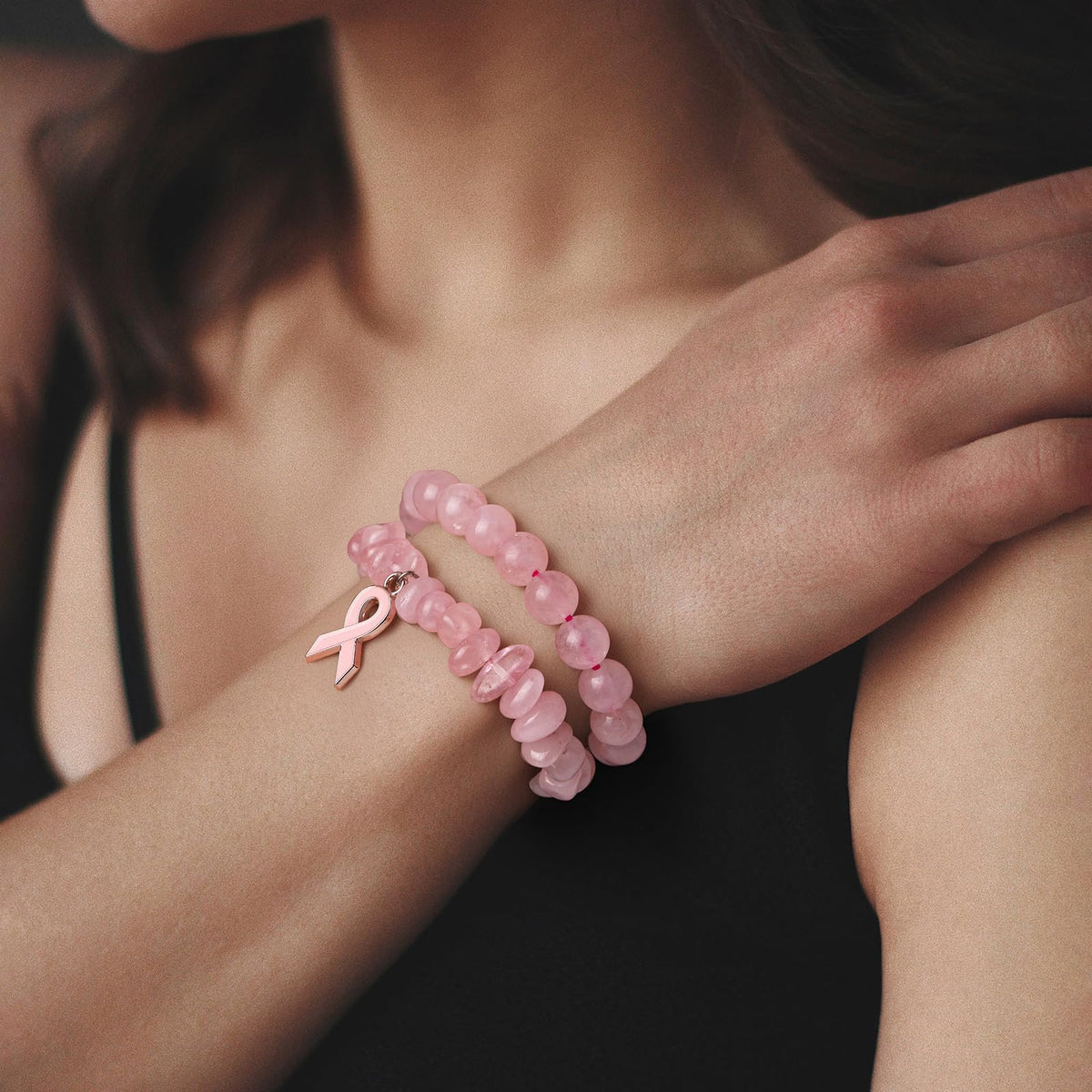 GolbalJew Breast Cancer Awareness Bracelets for Women Pink Ribbon Charm Rose Quartz Beads Bracelet Natural Stone Breast Cancer Encouragement Jewelry Gifts