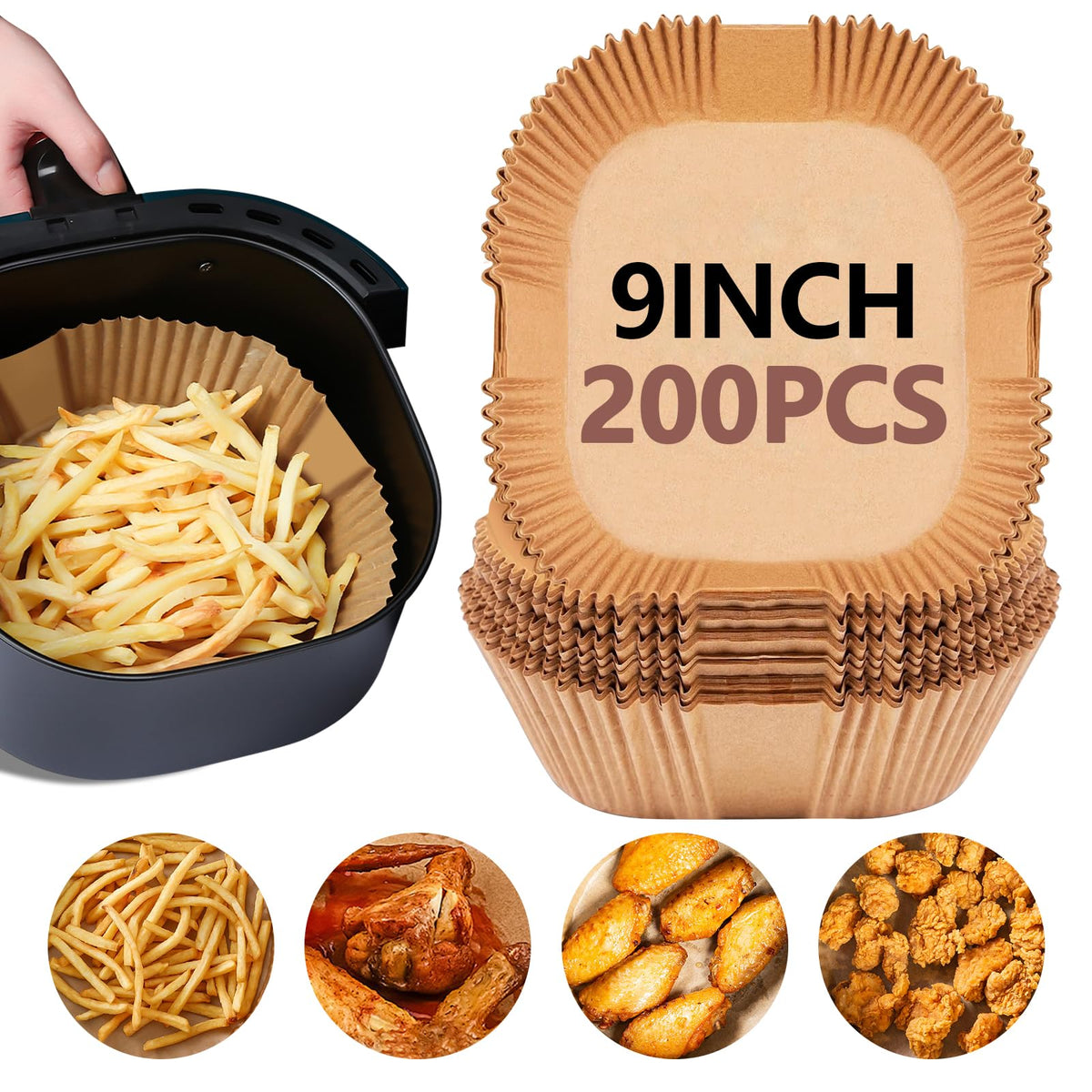 UBeesize 9-Inch Air Fryer Parchment Liners - 200 Pack, Square Non-Stick Disposable Paper Sheets for Microwave & Air Fryers, Unbleached Baking Sheets (8-Inch Base)