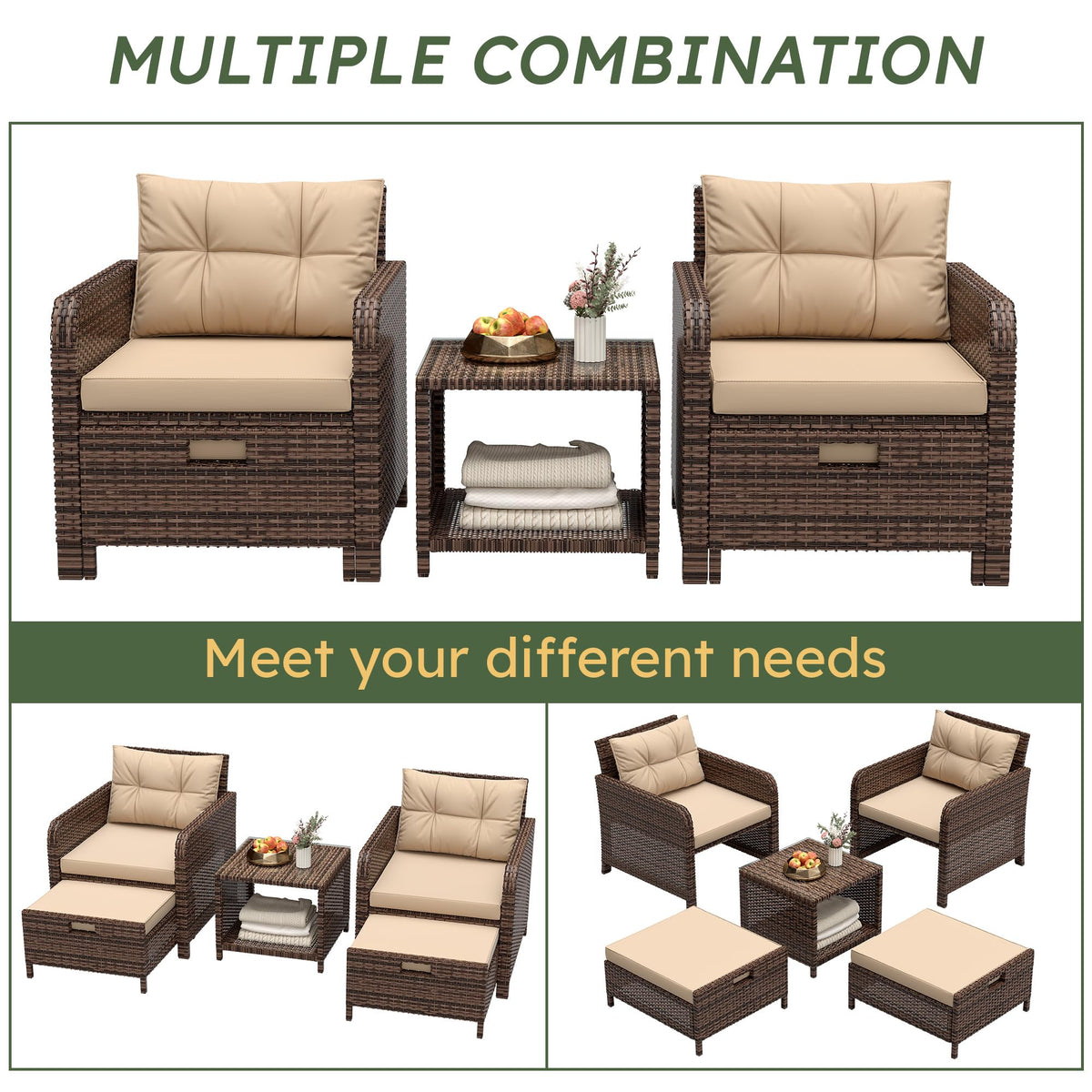 LHBcraft Balcony Furniture 5 Piece Patio Furniture Set, PE Rattan Patio Chairs Conversation Set with Soft Cushions 2 Ottoman & Table for Porch, Lawn, Garden, Beige