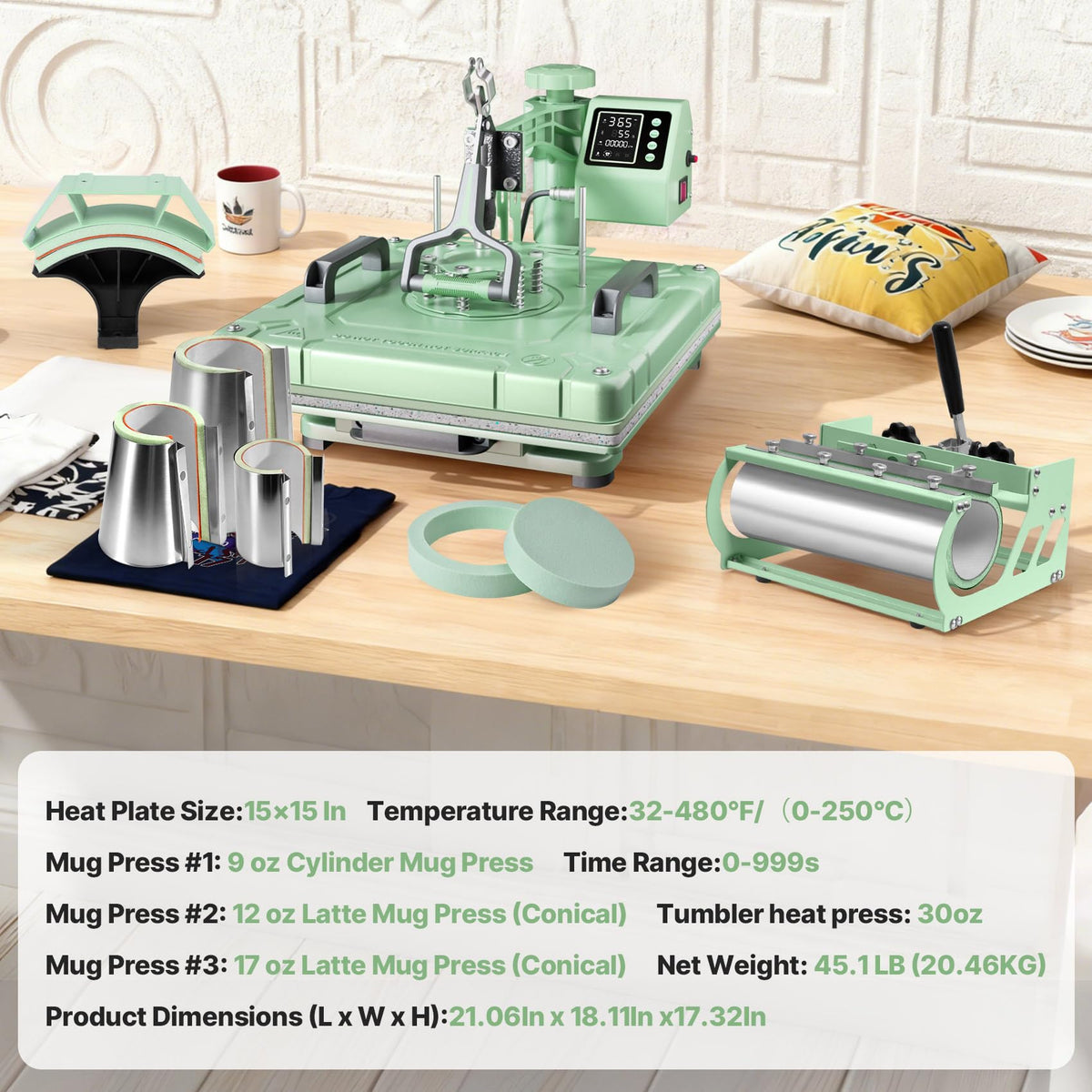 Seeutek 8 in 1 Heat Press Machine 15x15 Inch, Swing Away Digital Sublimation Heat Transfer Press with 20oz & 30oz Tumbler Attachments for T-Shirts, Mugs, Hats & Plates, Green