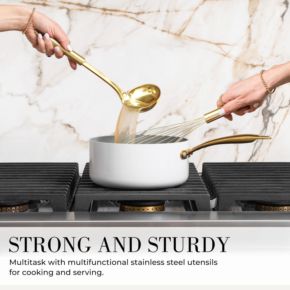 White Silicone and Gold Cooking Utensils Set with Gold Utensil Holder - 7-Piece Silicone Cooking Tools - Ideal for Nonstick Cookware and Stylish Modern Kitchens - Luxury Kitchen Accessories.
