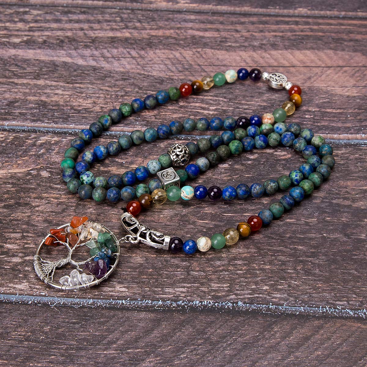 Bivei 108 Mala Beads Bracelet - 7 Chakra Life Tree Real Gemstone Yoga Meditation Mala Prayer Bead Necklace(Azurite Malachite Stone)