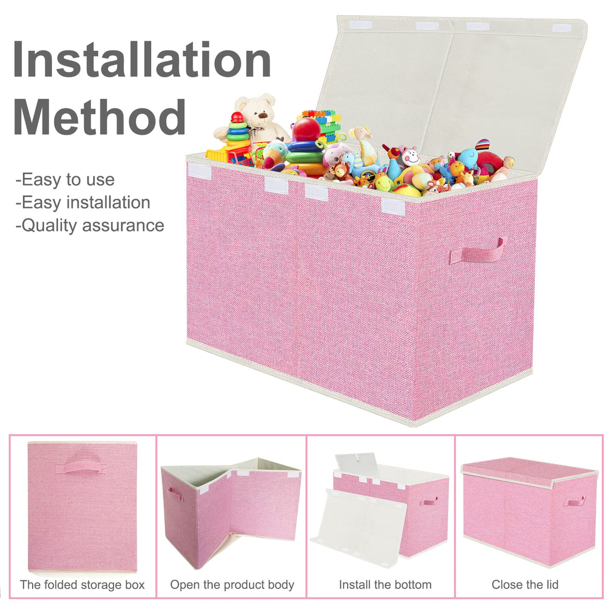 VERONLY Large Collapsible Toy Storage Box with Lid & Handles - Kids Organizer Chest for Toys, Clothes, Blankets (Pink, Nursery, Playroom, Bedroom)-24.5''×13''×16''