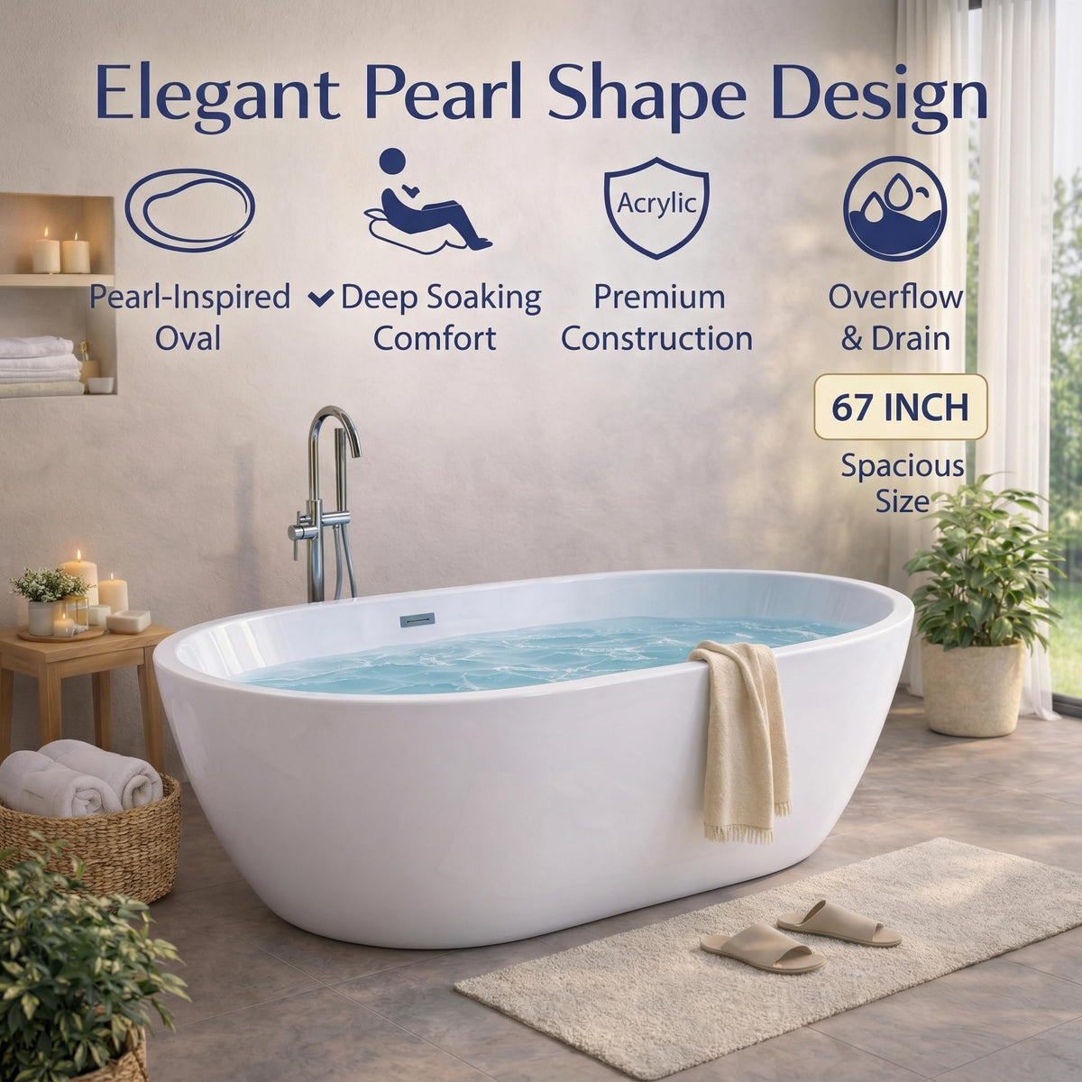 GarveeTech 67"Freestanding Bathtub, Acrylic Deep Soaking Tub, Non-Slip Acrylic Tub with Chrome Overflow and Drain, CUPC Certified, Ergonomic Modern Bath for Bathrooms, Easy-Install