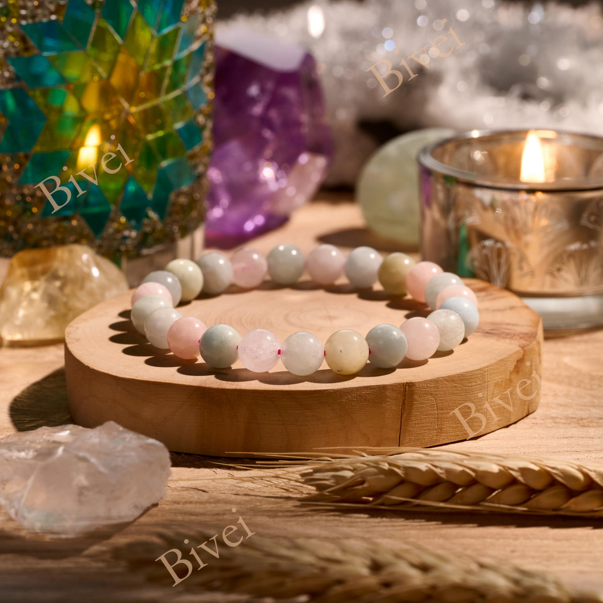 Bivei Morganite - Compassion - 8mm Beaded Bracelets for Women Handmade Semi Precious Natural Stone Stretch Elastic Jewelry Yoga Protection Gifts