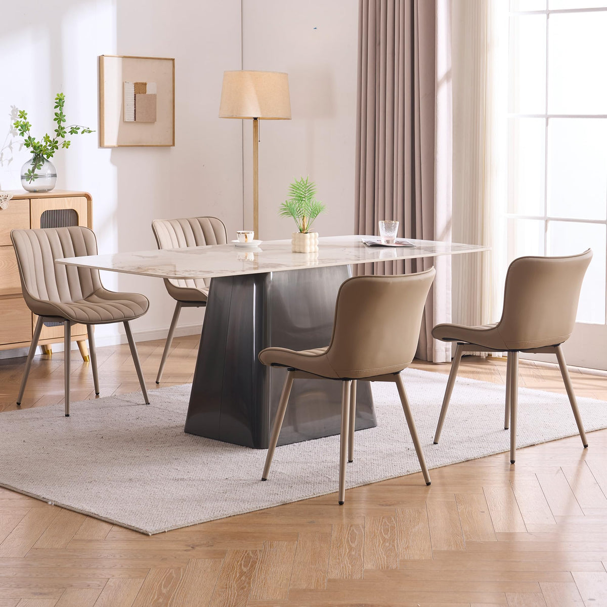 YOUNUOKE Mid-Century Modern Dining Chairs Set of 2, Khaki PU Leather Upholstered Kitchen Chairs with Khaki Metal Legs, Armless Accent Chair for Dining Room, Guest Reception Room