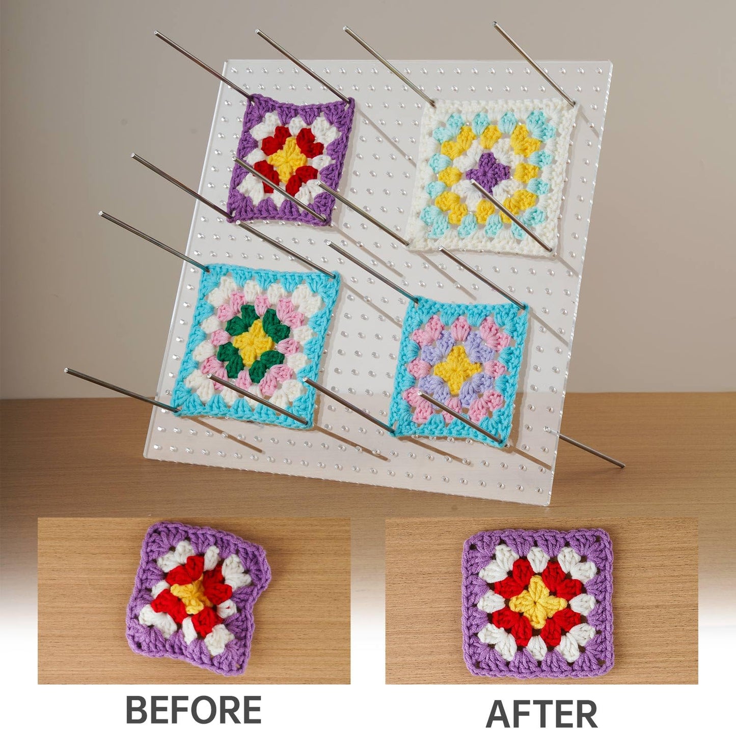NiHome Clear Acrylic Crochet Blocking Board Kit for Crochet, Weaving, Craft Projects, 11"x11" with 529 Precisely Spaced Holes and 20 Stainless Steel Pins, Suitable for Beginners and Craft Enthusiasts