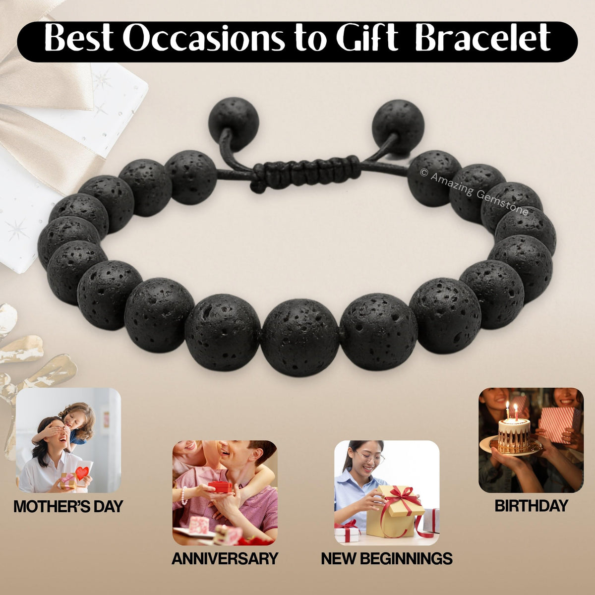 Amazing Gemstone Lava Stone Bracelet for Women Men's Gifts - Protection Healing Crystal Bracelet - 8mm Gemstones Beaded Adjustable Bracelet Pulseras Para Hombres Mujer Stocking Stuffers