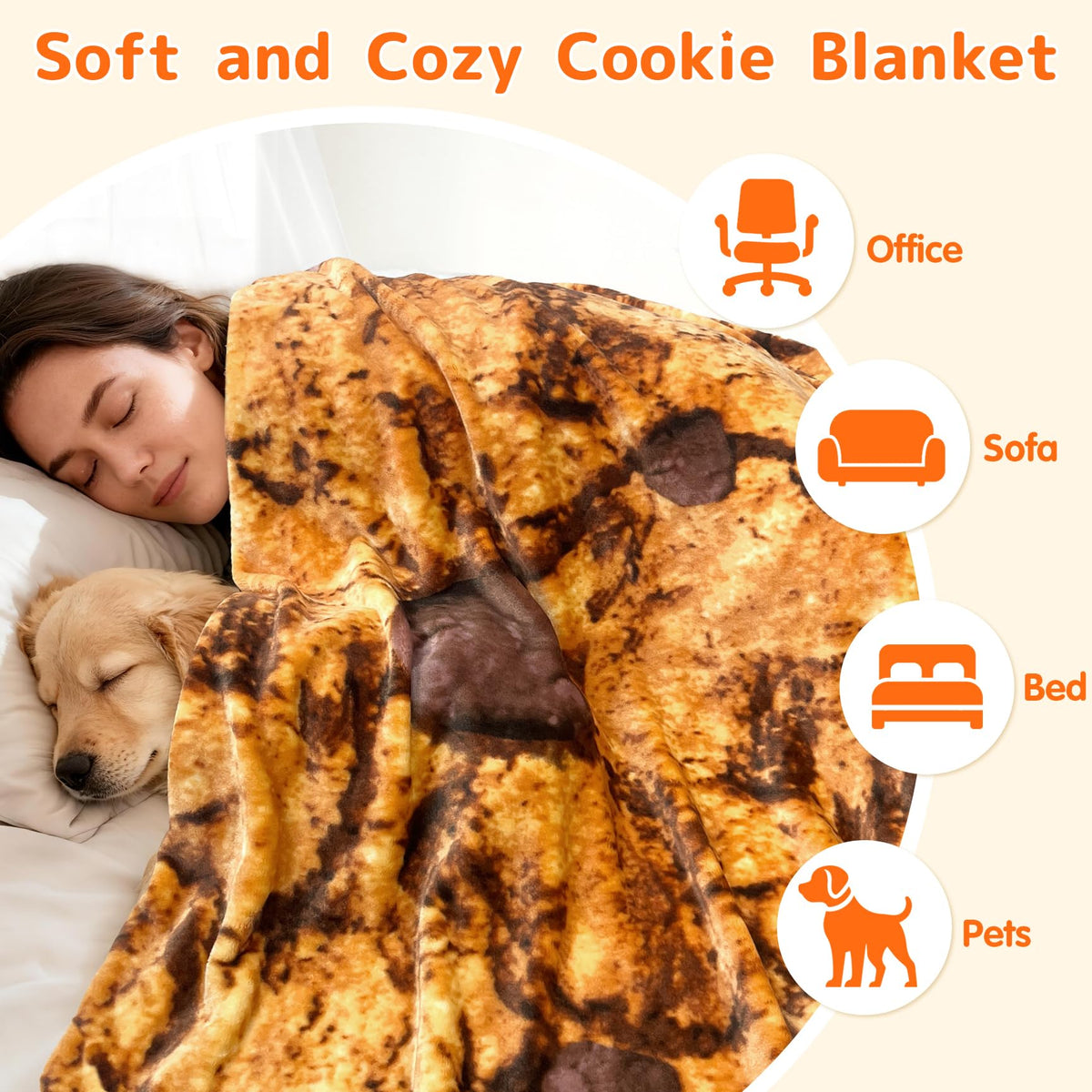CASOFU Cookies Blanket, White Elephant Gift for Adults Teens Kids Men Women, 285 GSM Soft and Comfortable Flannel Realistic Food Blanket Funny Birthday Gag Gifts for Boys and Girls(Caramel, 47 inches)