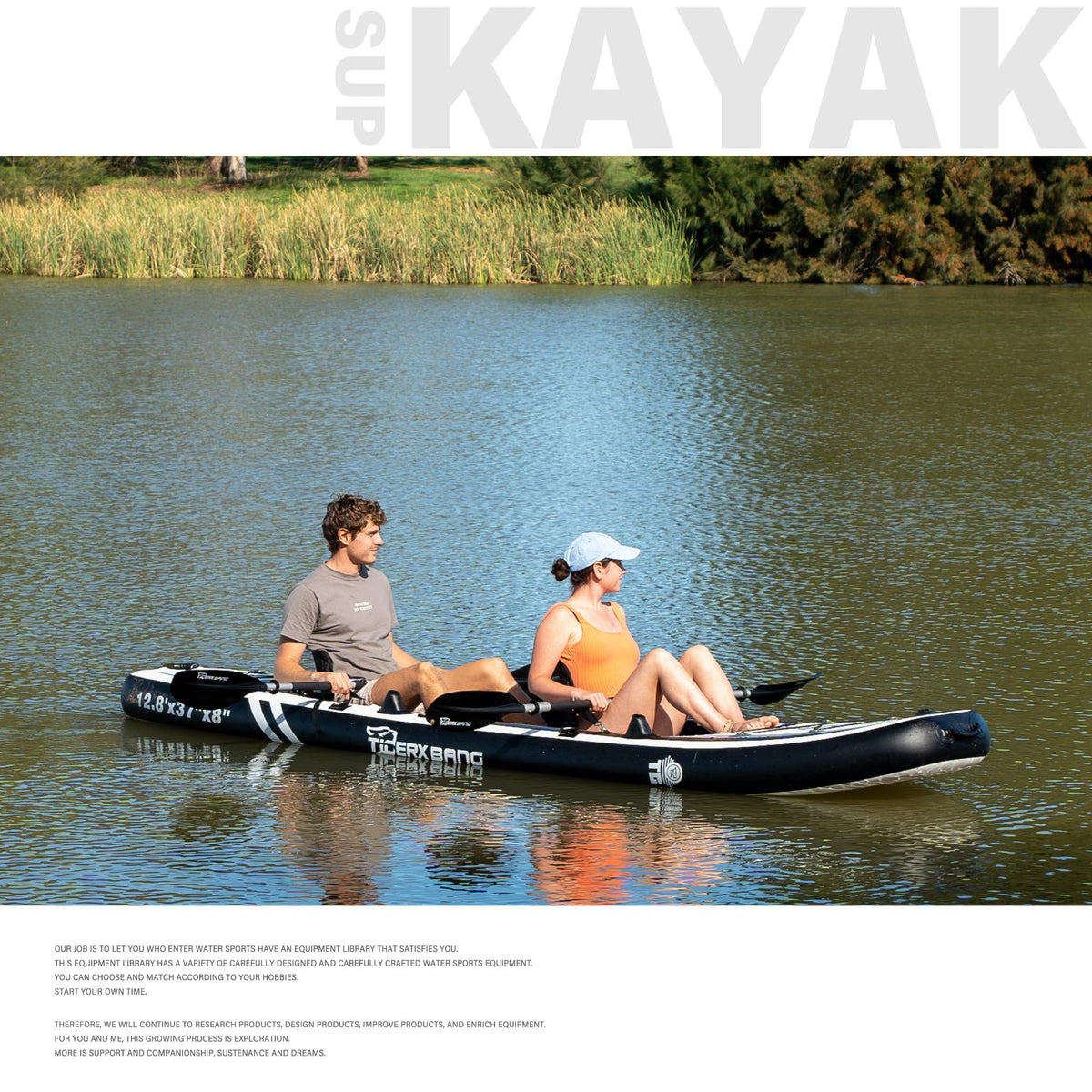 TIGERXBANG 12'8" Inflatable Tandem Kayak, Fishing & Touring, 2 Seats, Adjustable Paddle, Perfect for Family Adventures & Fishing, Includes Backpack & Repair Kit