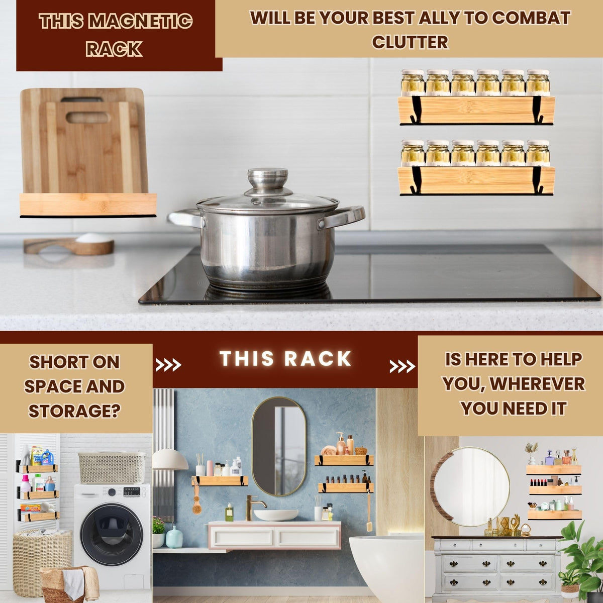 WY Family (4 Pack) Magnetic Spice Storage Rack Organizer for Refrigerator and Oven, 4 Strong Magnetic Shelf, Black Fridge Storage, Spice Rack Organizer, Metal-Bamboo
