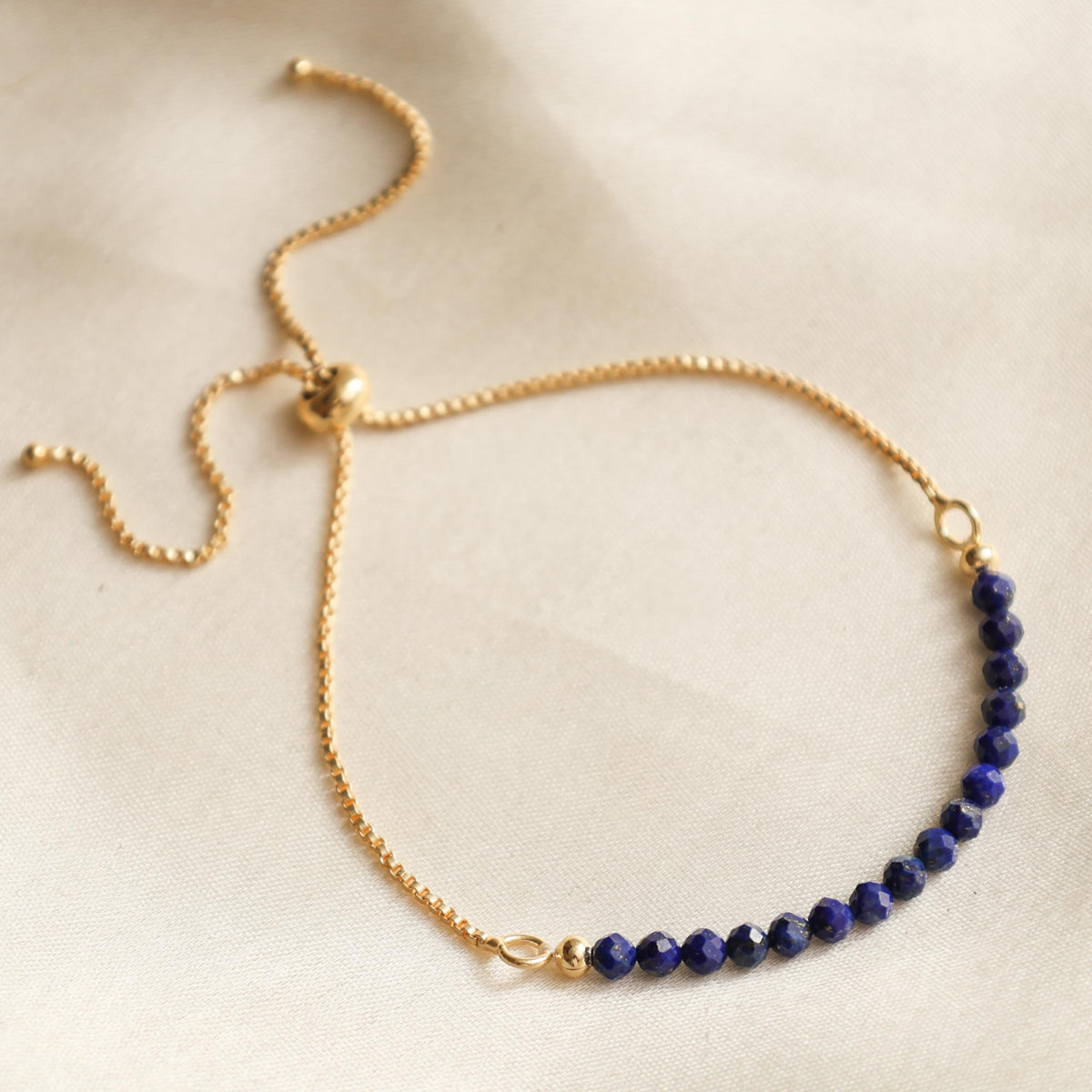 Gempires Birthstone Beaded Bracelet, Lapis Lazuli Bracelets, September Birthstone Jewelry, Bolo Bracelet, Gift for Her, 14k Gold Plated Chain (6-9 Inch Adjustable Length)