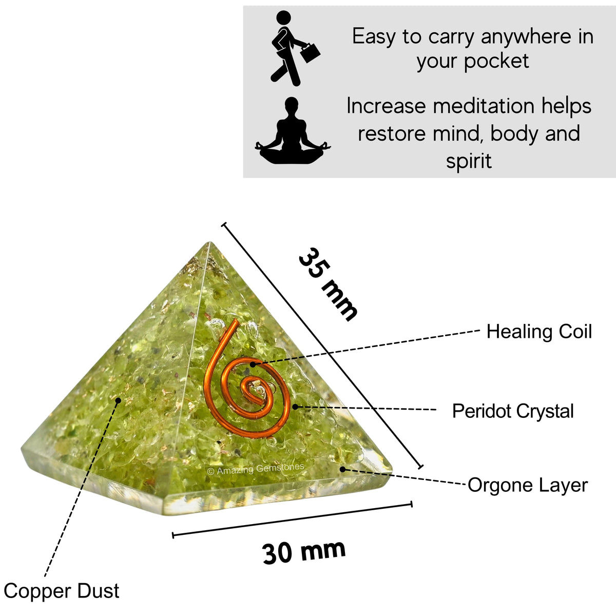 Amazing Gemstone Peridot Orgone Pyramid - 30mm Small Orgonite Pyramids with Crystals and Healing Stones - Authentic Organite Gifts