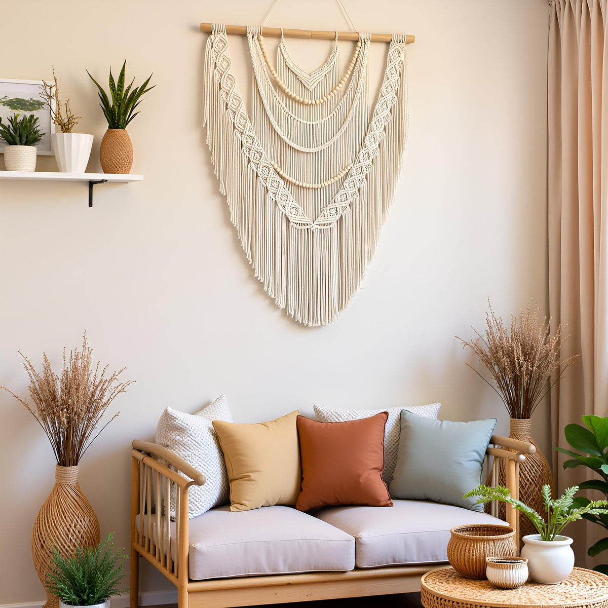 guzhiou Large Macrame Wall Hanging, 27'' W x 36'' L Boho Art Tapestry Wall Decor for Urban entryway,Living Room,Bedroom Decor, headboard Woven, Big Fiber Art Over Couch (Wood Bead)