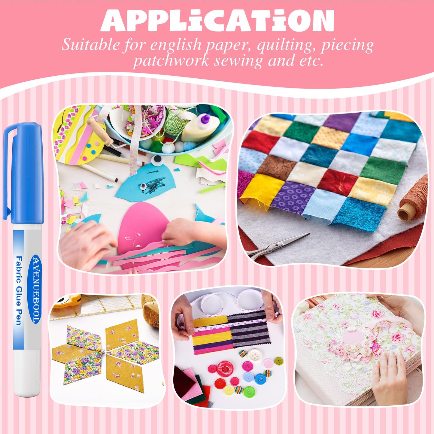 Avenuebool 2 Fabric Glue Pen with 4 Refill, Washable Temporary Fabric Sewing Adhesive, Temporary Blue Glue Stick for English Paper, Quilting, Piecing Patchwork Sewing