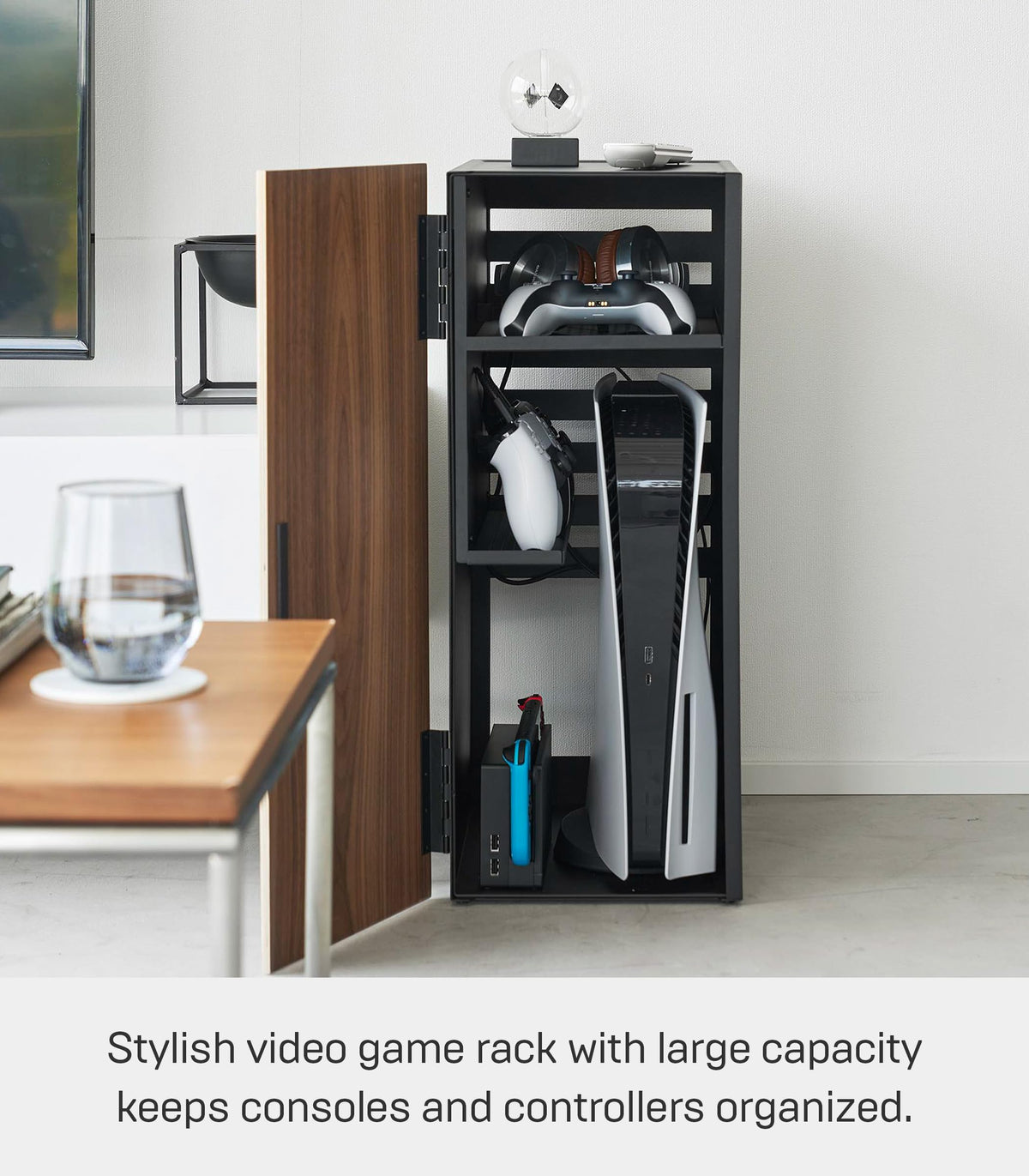 Yamazaki Home Tower Large Capacity Game Console Rack – Organize Controllers, Pull-Out Shelf, Cable Management - Steel