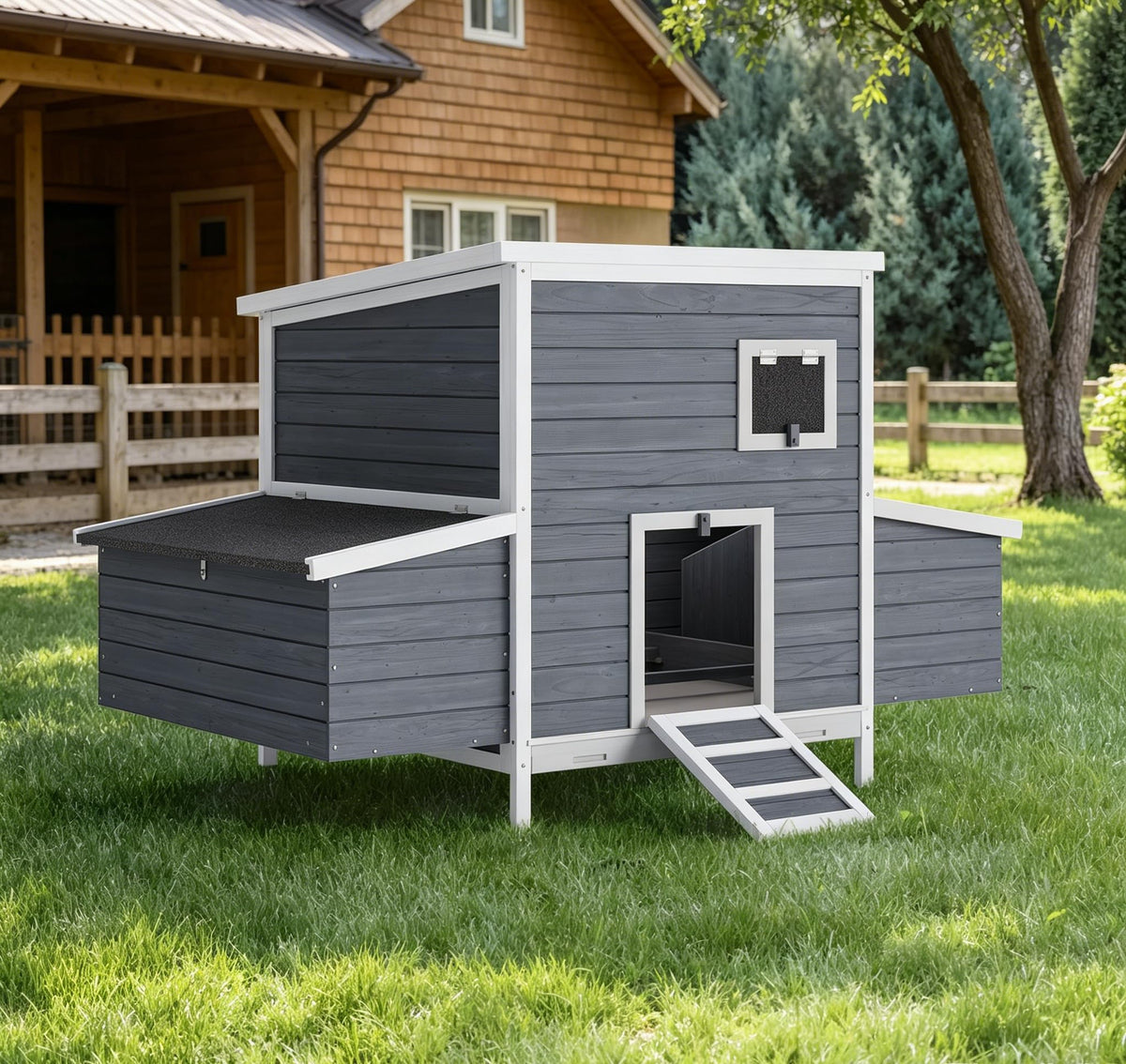GarveeTech Wooden Chicken Coop with Nesting Boxes & Lockable Doors, Outdoor Chicken House, Weatherproof Roof Pet Cage for Guinea Pig, Rabbit, Duck - 62.2x38.6x38.6 in