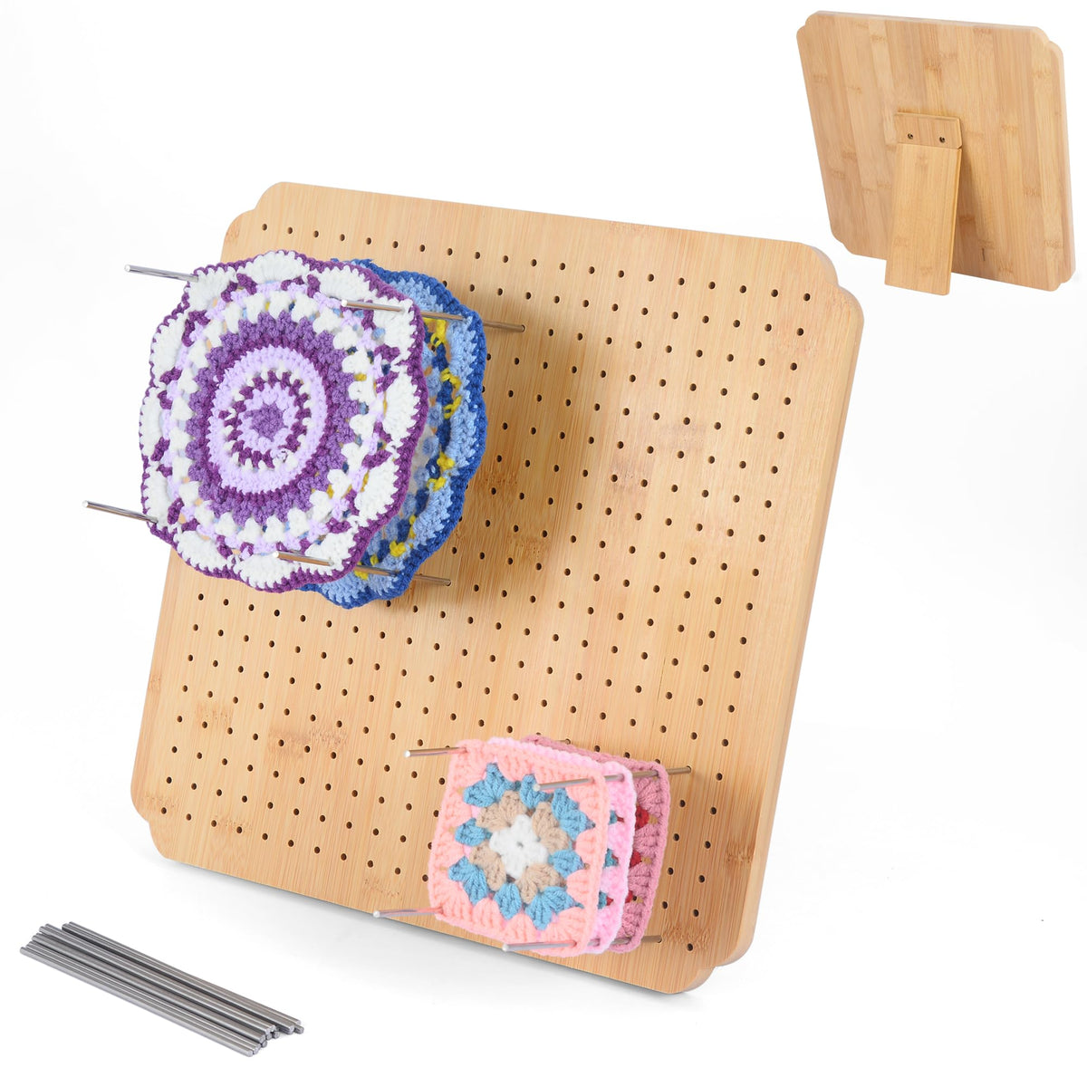 BLELEYLL 13" Crochet Blocking Board with 15 Pegs/Pins,Granny Square Blocking Board,Blocking Boards for Crochet Projects,Wooden Crocheting Accessories Gifts for Crocheters.