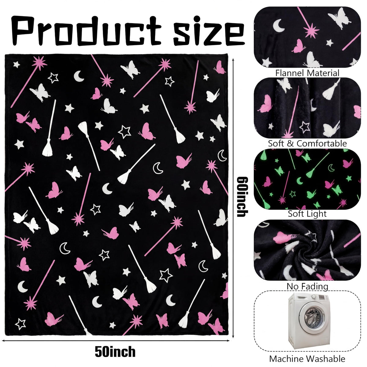 Hillsuren Glow in the Dark Witch Theme Blanket Black Broom Pink Magic Wand Flannel Throw Blanket 50 x 60 Inch for Girls Fun Sofa Bed Gift Decoration