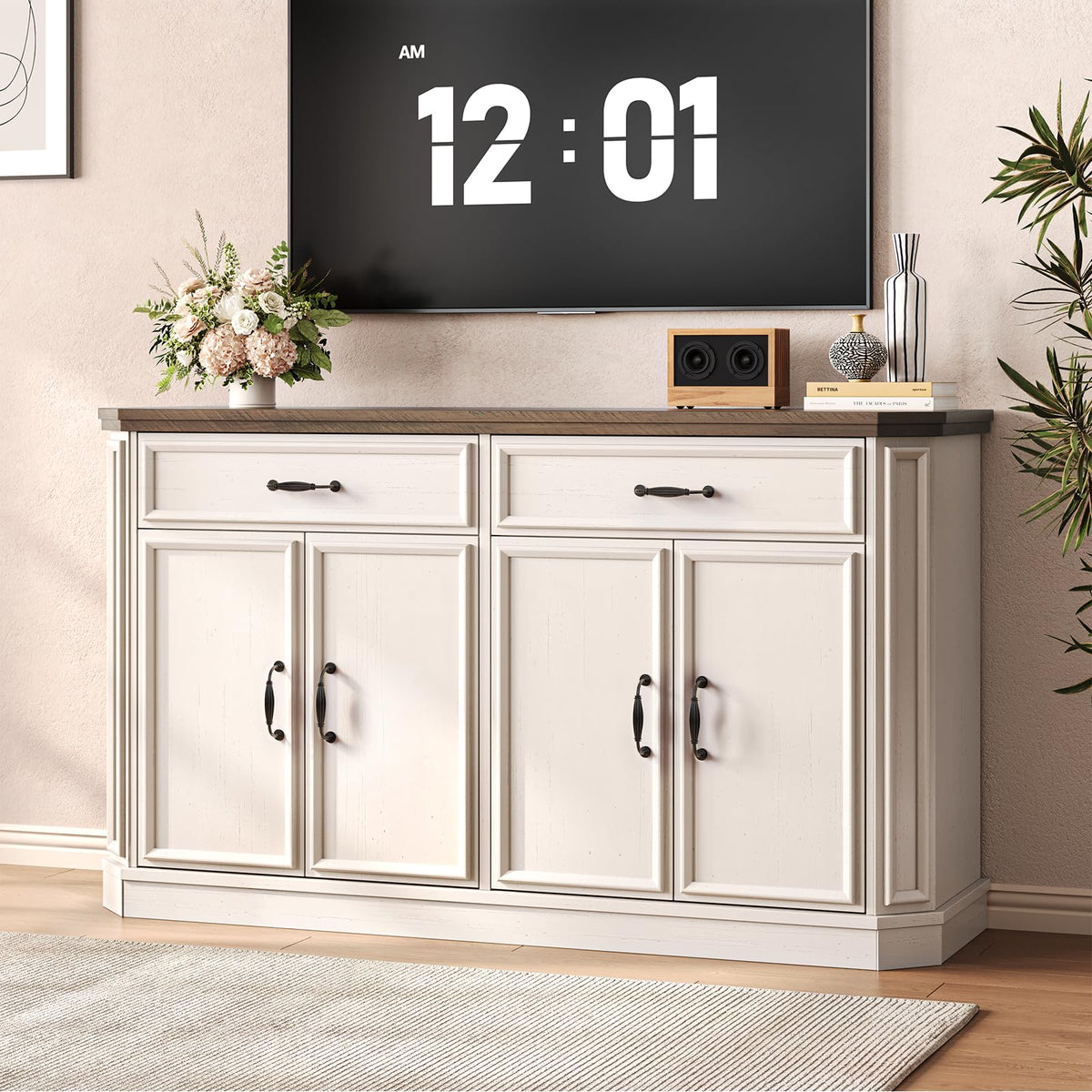 ONBRILL 55" Sideboard Buffet Cabinet with 2 Storage Drawers & 4 Doors, Modern Kitchen Sideboards and Buffets with Adjustable Shelves, Wood Coffee Bar Cabinet for Living Room, Entryway, Off-White
