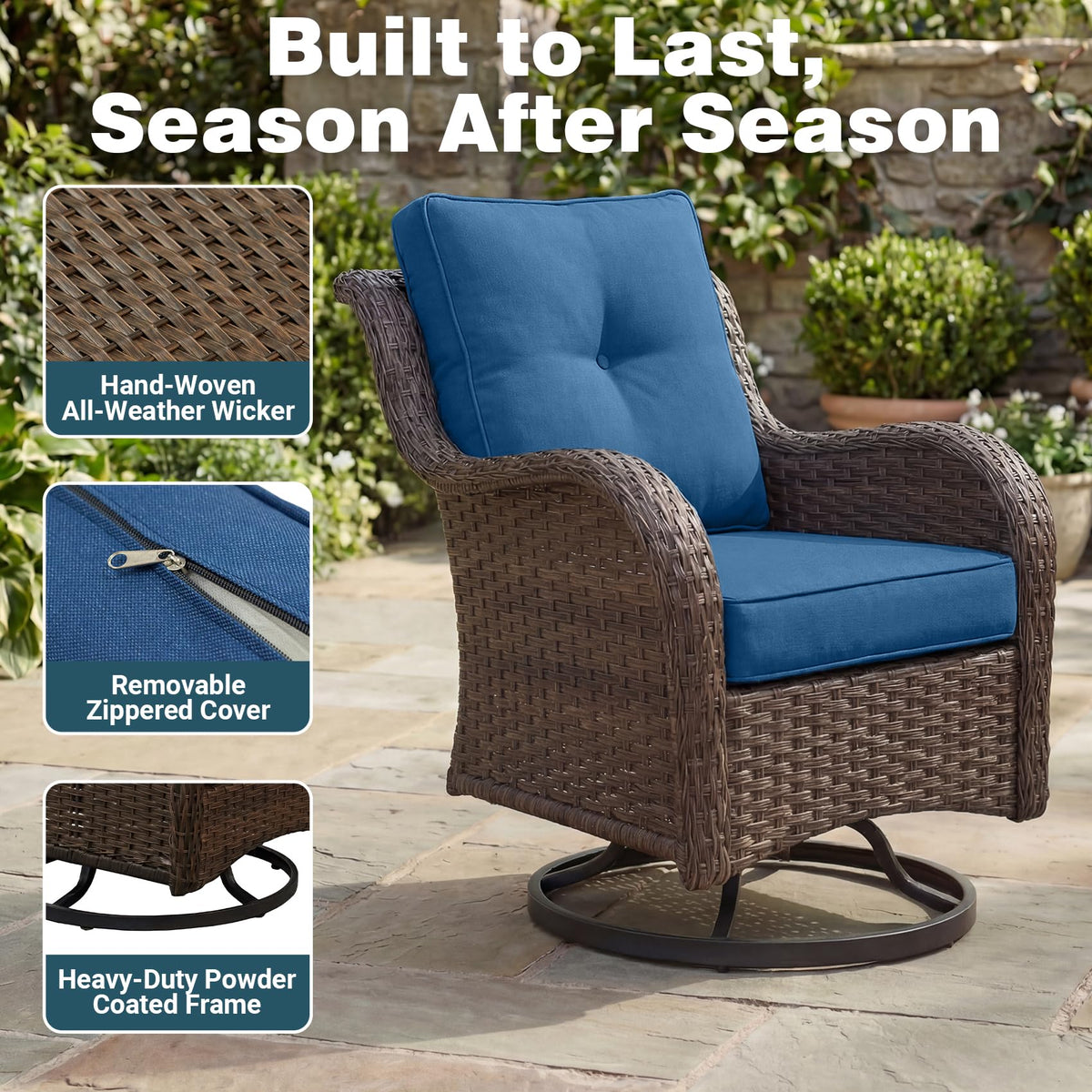 SAILARY Patio Furniture Set, 5PCS Outdoor Wicker Conversation Set with 6" Thick Cushions, High Back Swivel Rocker Chairs, Weather Resistant Olefin Fabric for Garden, Poolside, Navy Blue