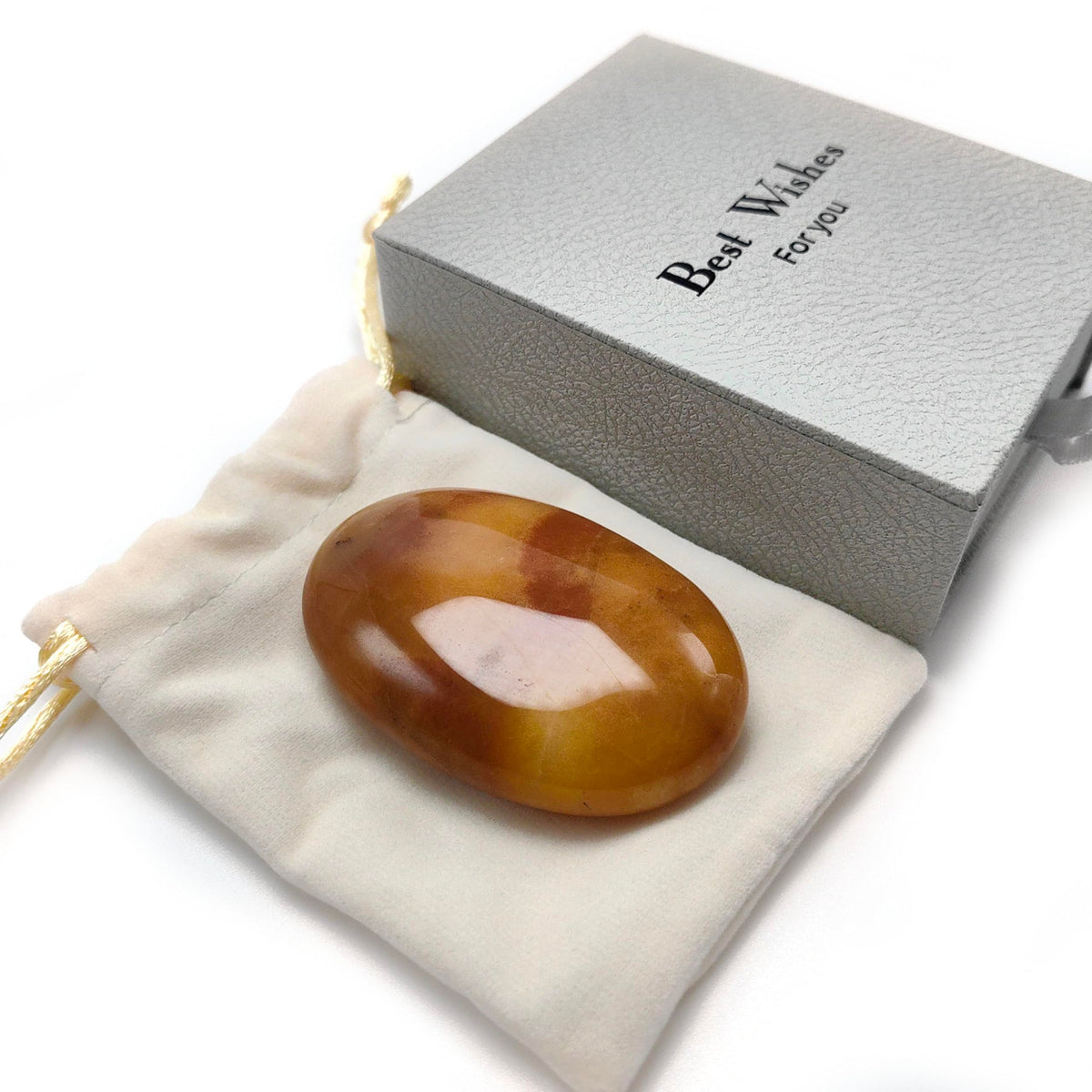 BEAUSIOO 2.4" Yellow Jade Palm Stone for Anxiety Relief, Healing Crystal for Meditation & Stress Relief, Polished Pocket Stone with Gift Box